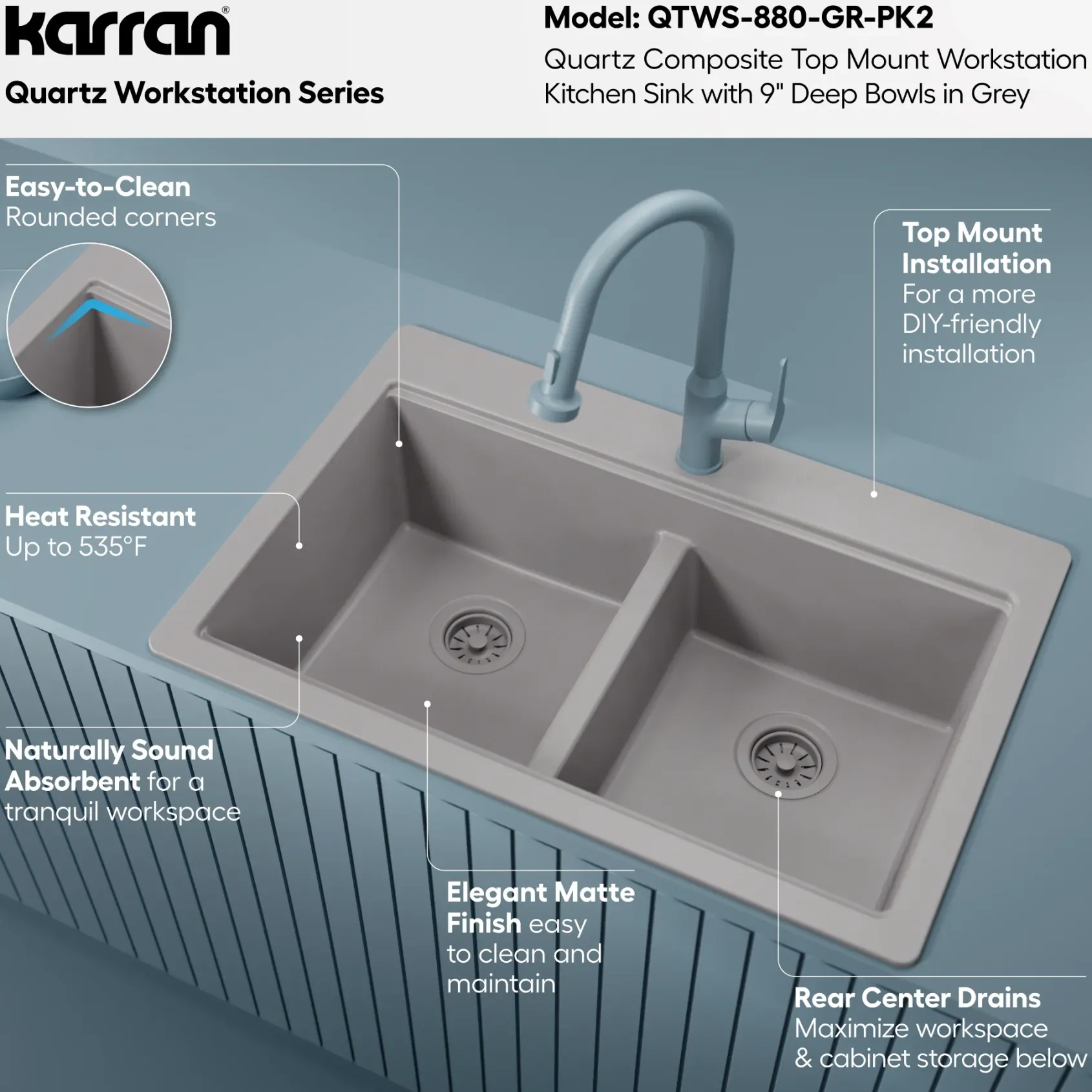 Karran 33" Drop In Quartz Composite Workstation Kitchen Sink, 50/50 Double Bowl, Grey, QTWS-880-GR-PK2