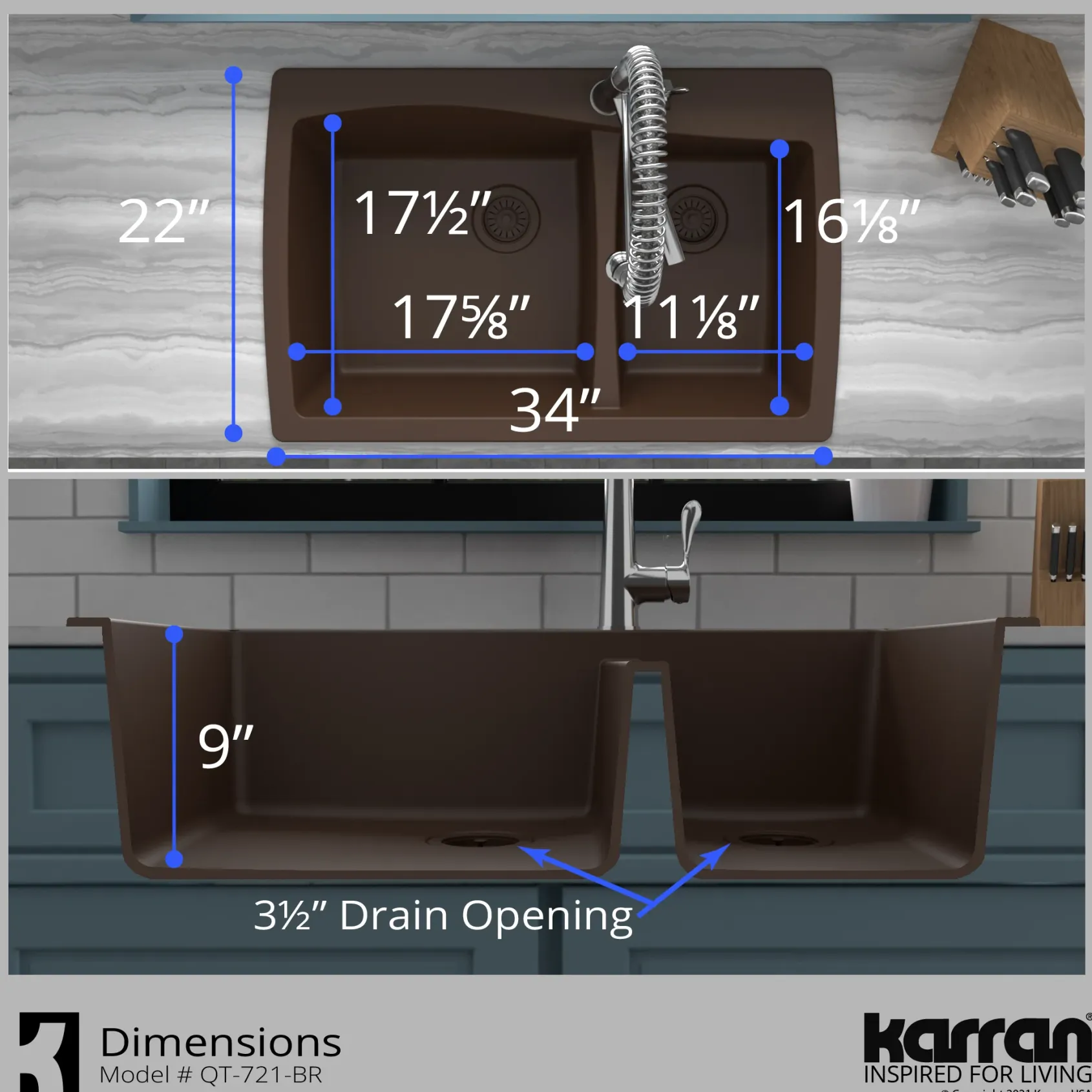 Karran 34" Drop In/Topmount Quartz Composite Kitchen Sink with Accessories, 60/40 Double Bowl, Brown, QT-721-BR-PK1