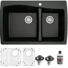 Karran 34" Drop In/Topmount Quartz Composite Kitchen Sink with Accessories, 60/40 Double Bowl, Black, QT-721-BL-PK1
