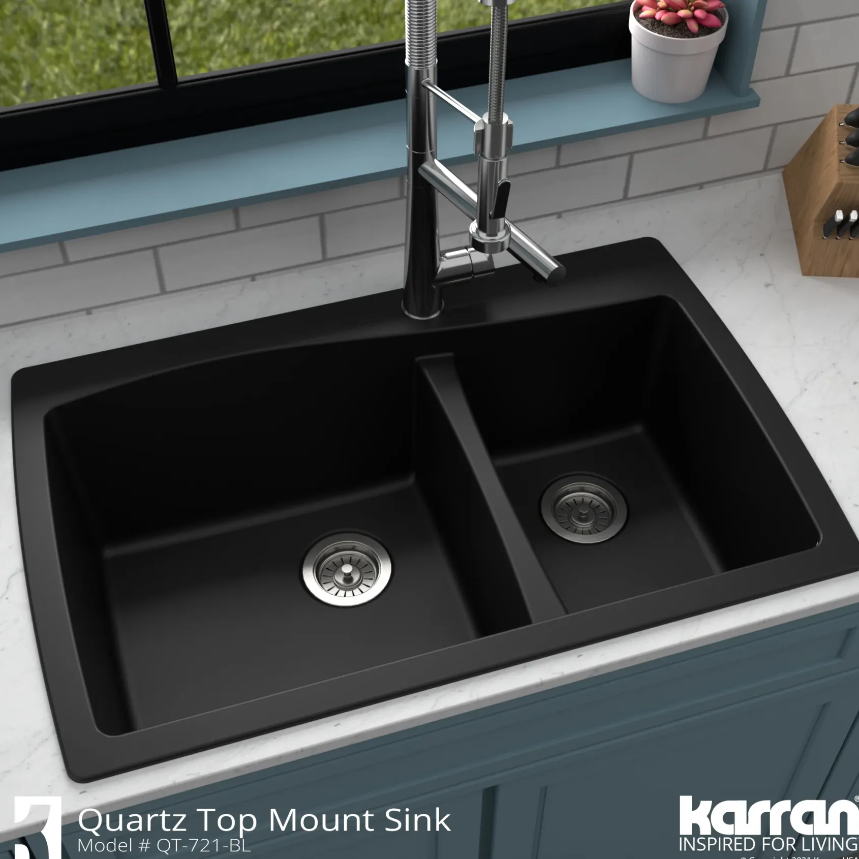 Karran 34" Drop In/Topmount Quartz Composite Kitchen Sink with Accessories, 60/40 Double Bowl, Black, QT-721-BL-PK1