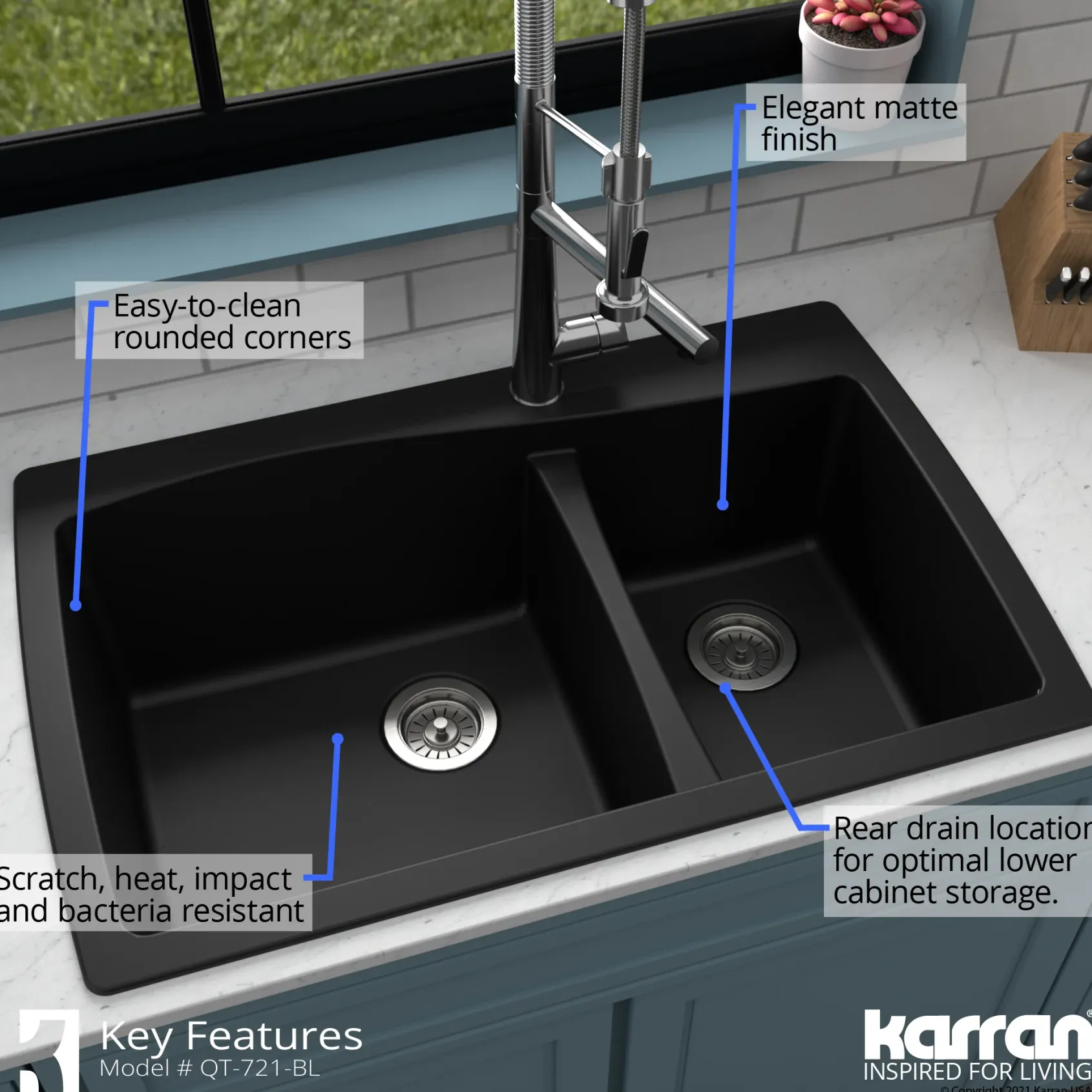 Karran 34" Drop In/Topmount Quartz Composite Kitchen Sink with Accessories, 60/40 Double Bowl, Black, QT-721-BL-PK1