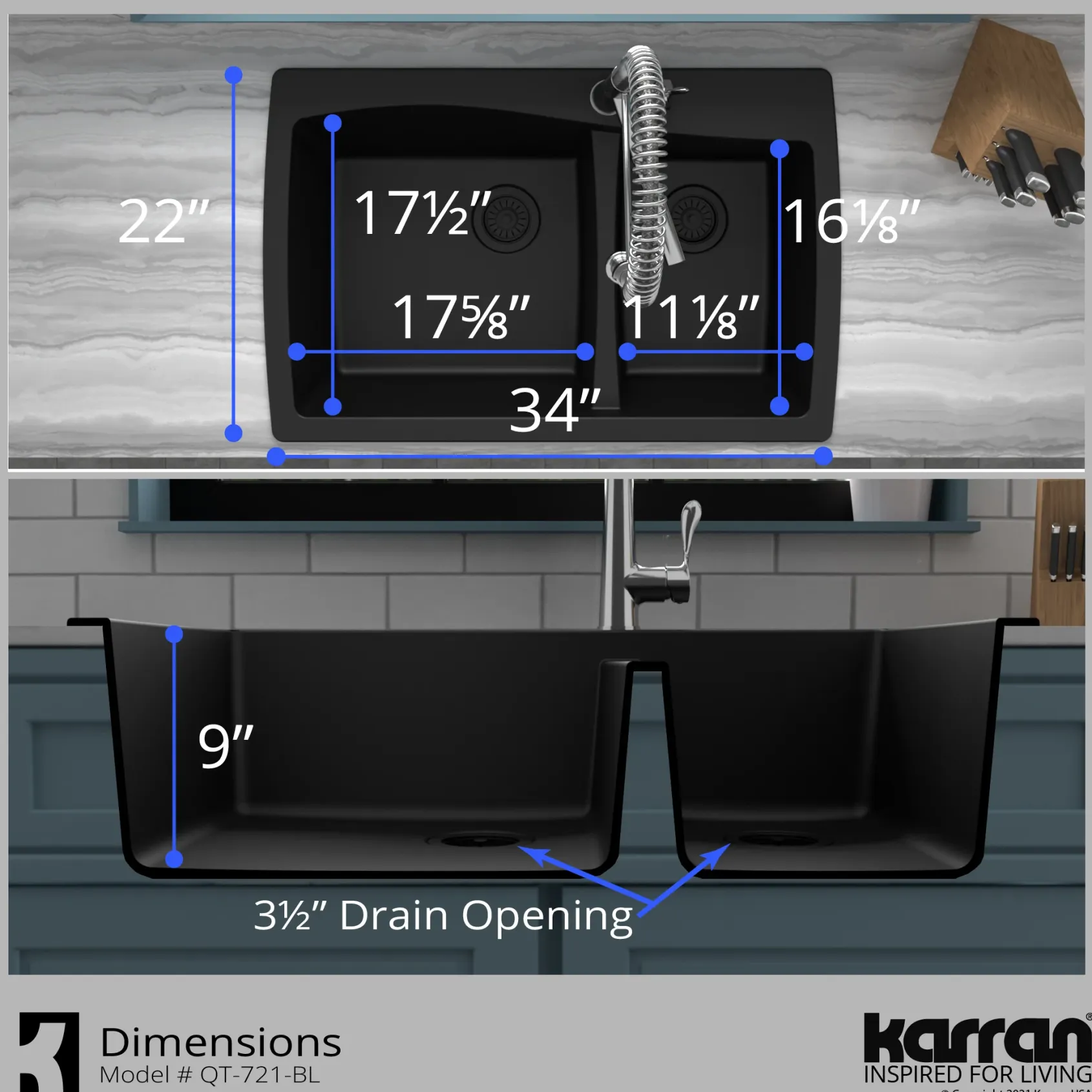 Karran 34" Drop In/Topmount Quartz Composite Kitchen Sink with Accessories, 60/40 Double Bowl, Black, QT-721-BL-PK1