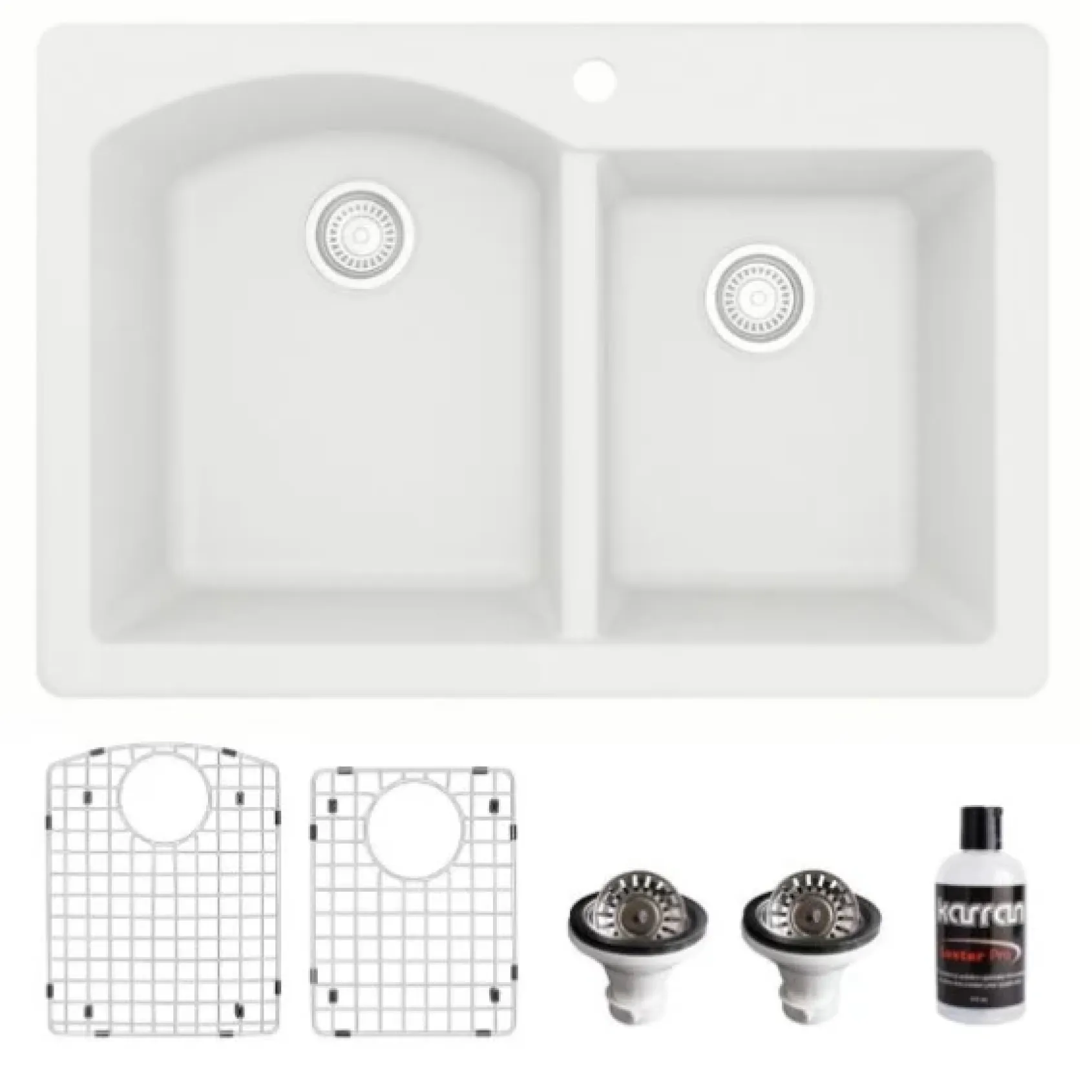 Karran 33" Drop In/Topmount Quartz Composite Kitchen Sink, 60/40 Double Bowl, White, QT-610-WH-PK1