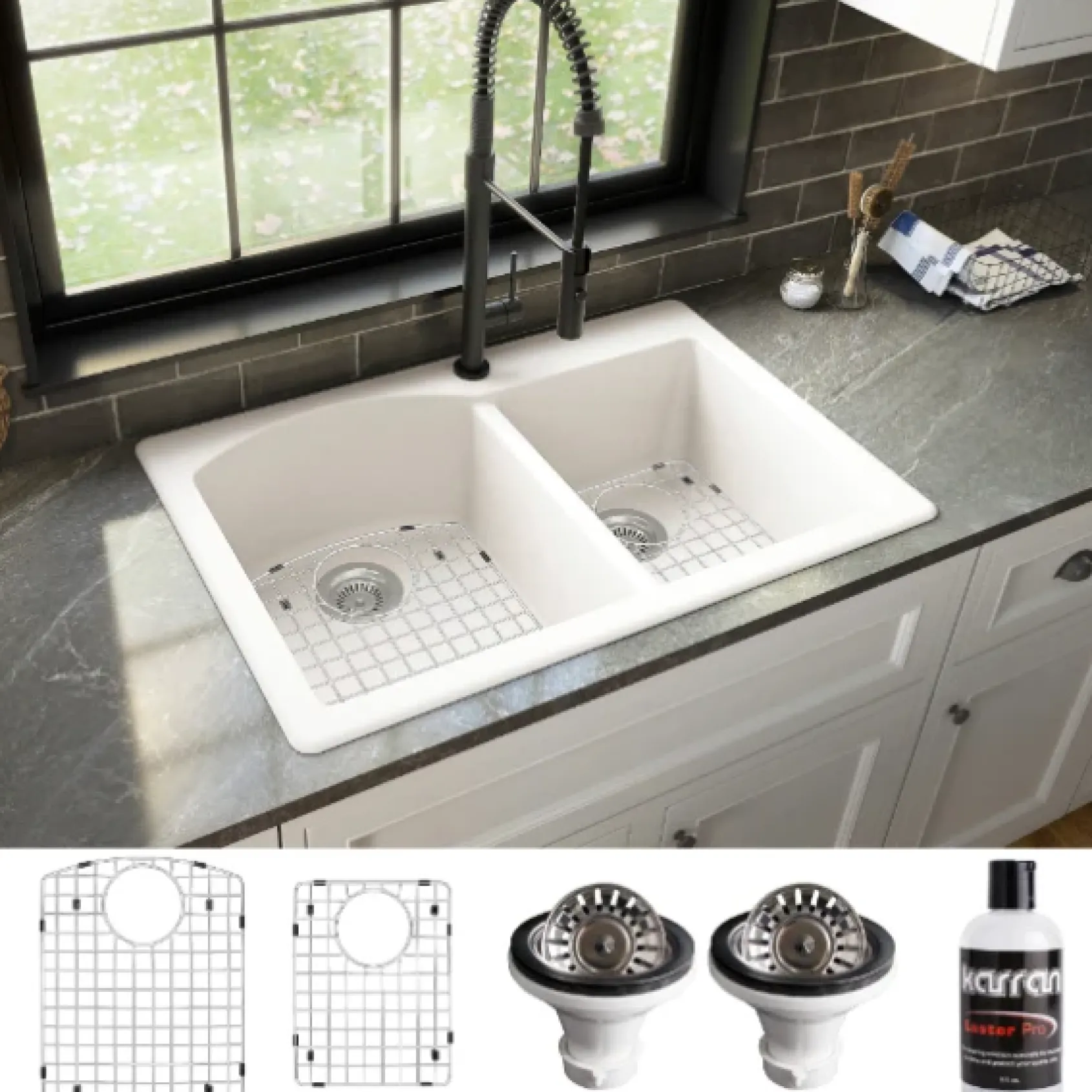 Karran 33" Drop In/Topmount Quartz Composite Kitchen Sink, 60/40 Double Bowl, White, QT-610-WH-PK1