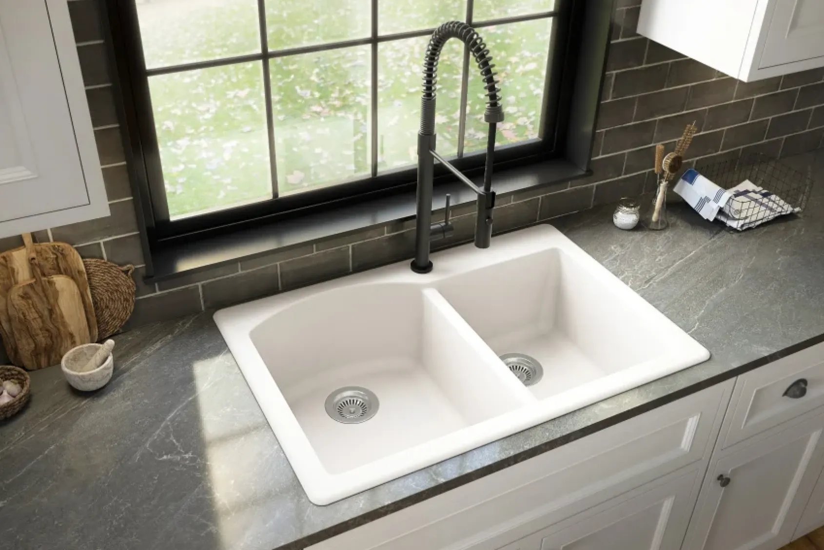 Karran 33" Drop In/Topmount Quartz Composite Kitchen Sink, 60/40 Double Bowl, White, QT-610-WH-PK1