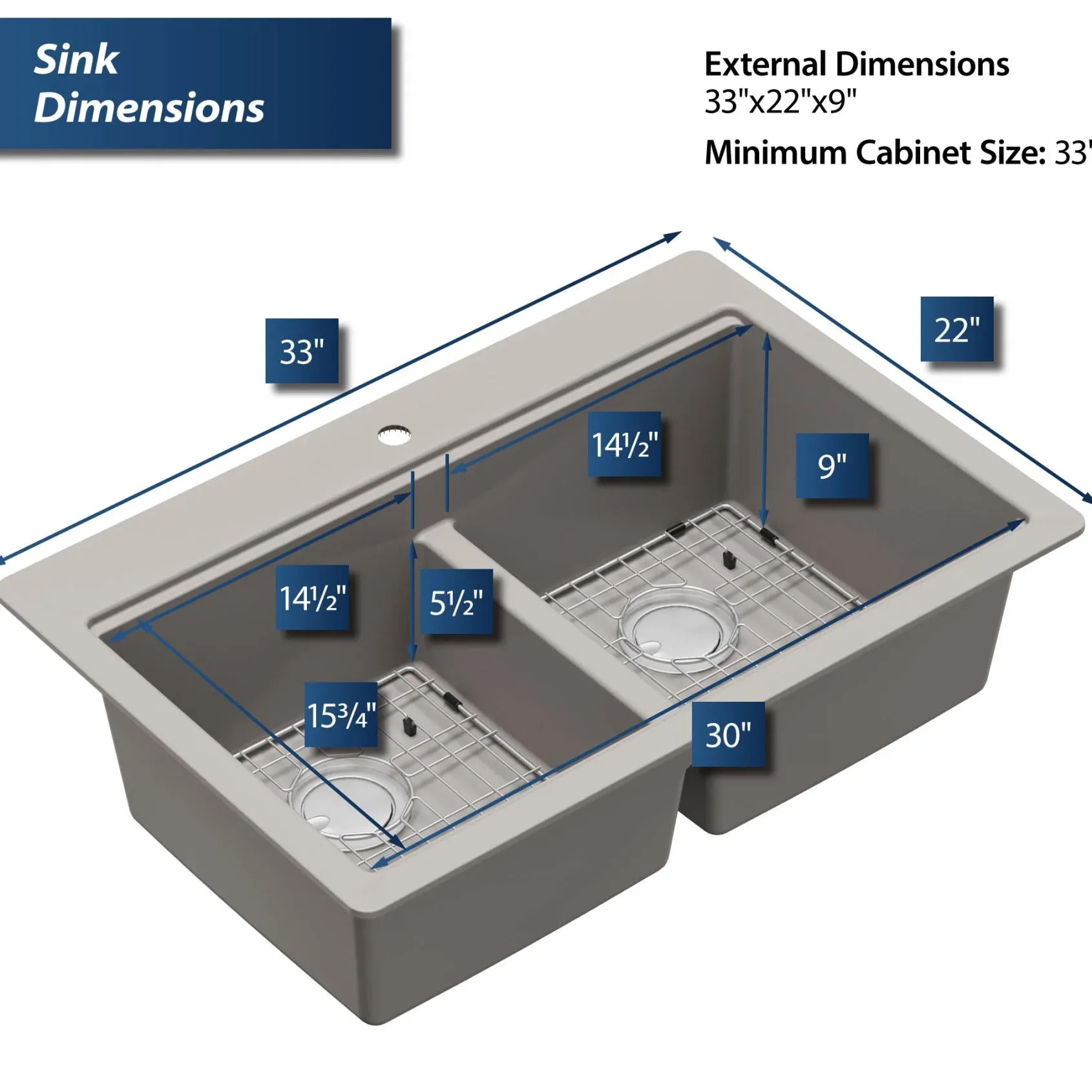 Karran 33" Drop In/Topmount Quartz Composite Kitchen Sink, 50/50 Double Bowl, Concrete, QTWS-880-CN