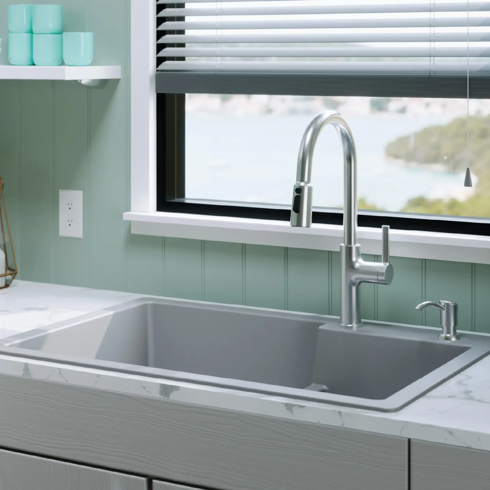 Karran 33" Drop In/Topmount Quartz Composite Kitchen Sink with Accessories, 60/40 Double Bowl, Grey, QT-811-GR-PK1