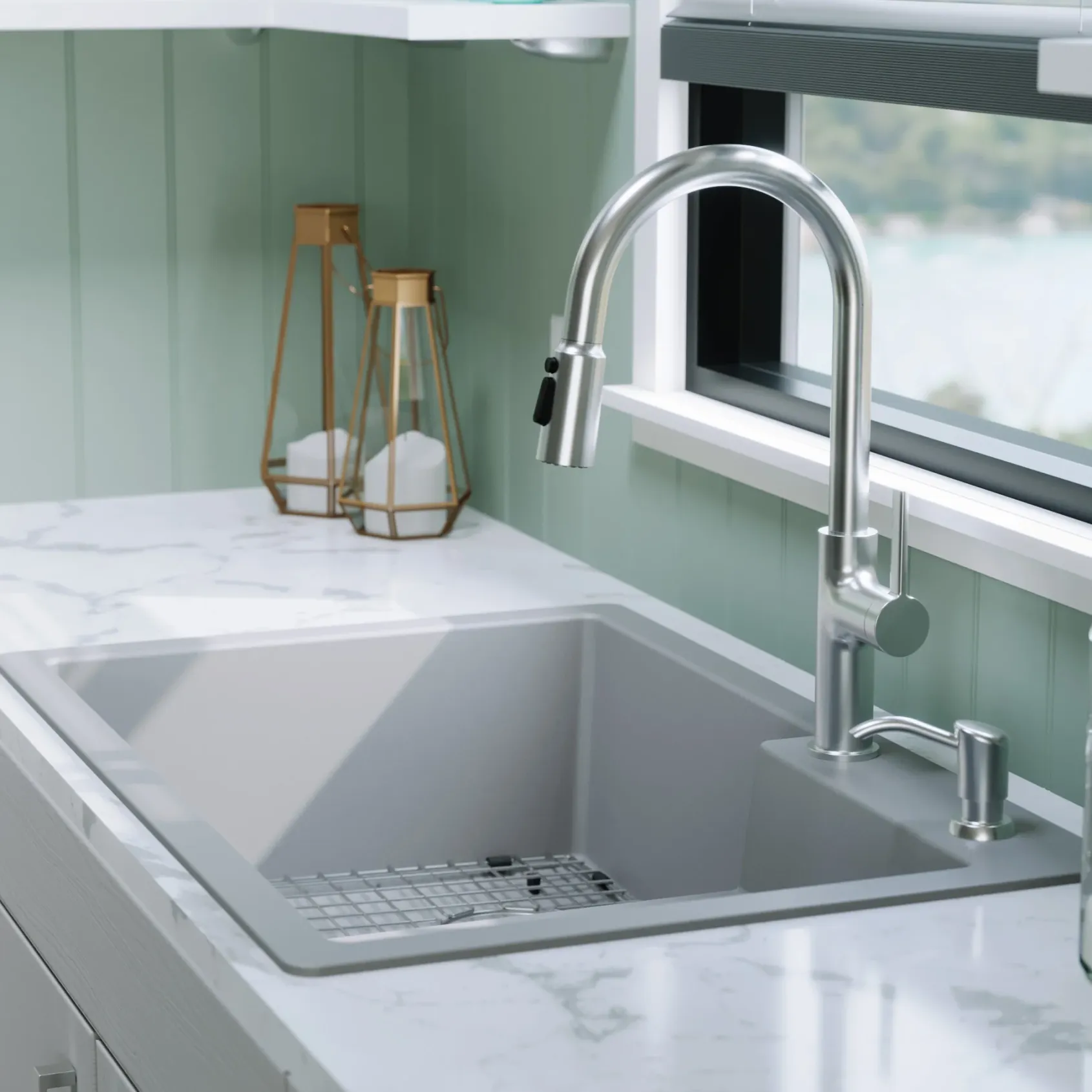Karran 33" Drop In/Topmount Quartz Composite Kitchen Sink with Accessories, 60/40 Double Bowl, Grey, QT-811-GR-PK1