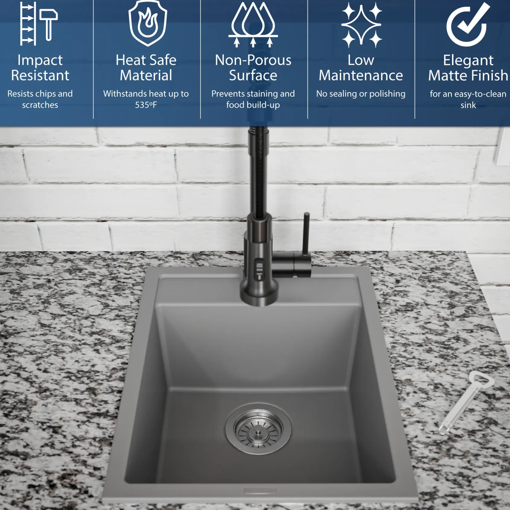 Karran 16" Drop In/Topmount Quartz Composite Kitchen Sink, Grey, QT-825-GR
