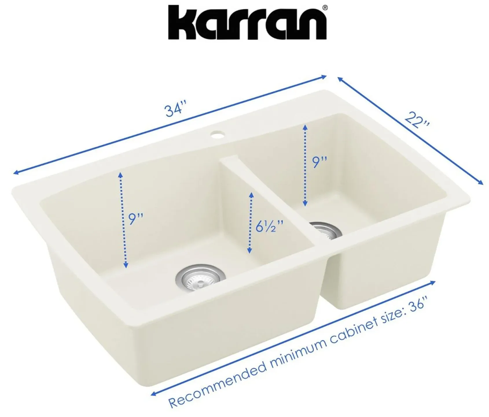 Karran 34" Drop In/Topmount Quartz Composite Kitchen Sink, 60/40 Double Bowl, White, QT-721-WH