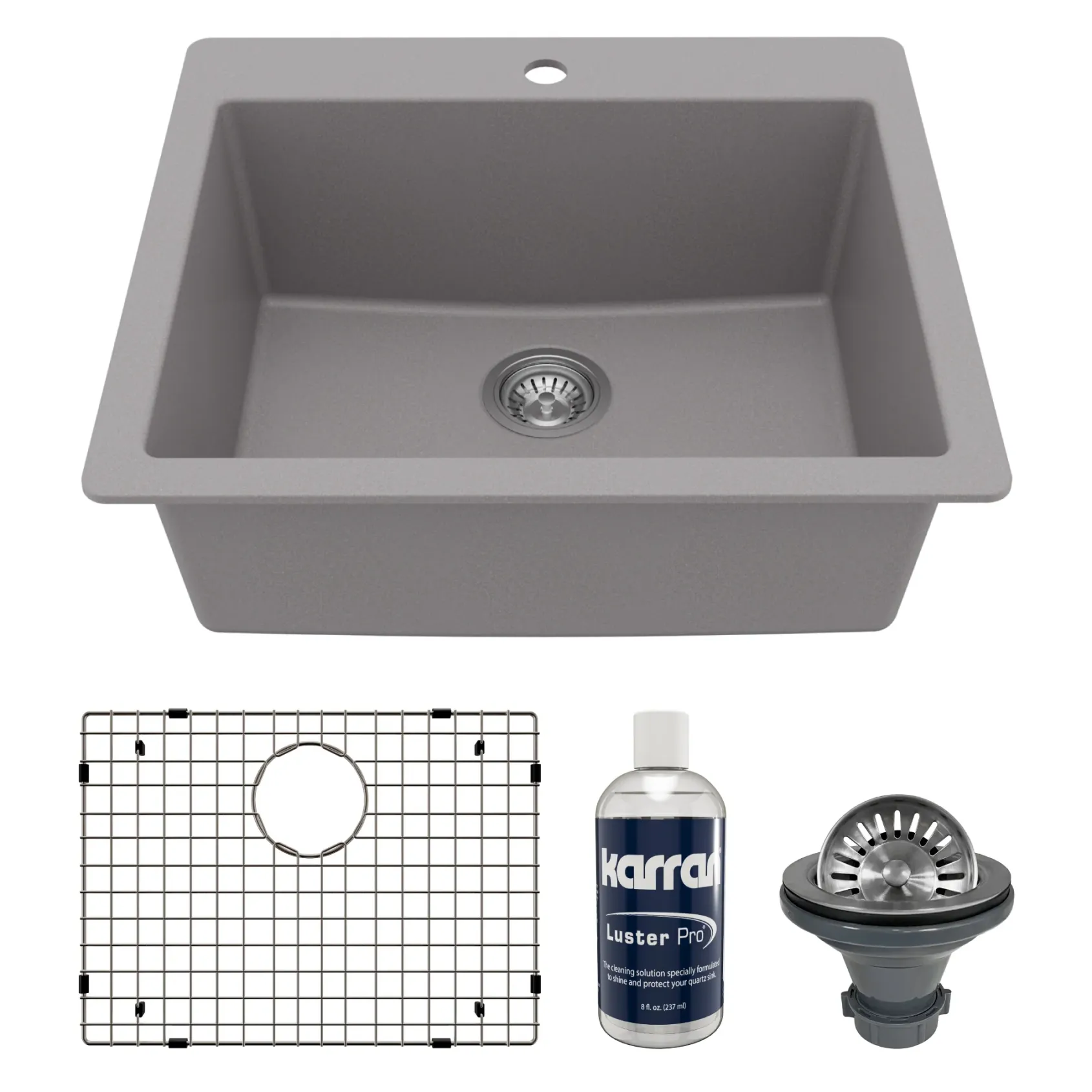 Karran 25" Drop In/Topmount Quartz Composite Kitchen Sink with Accessories, Grey, QT-820-GR-PK1