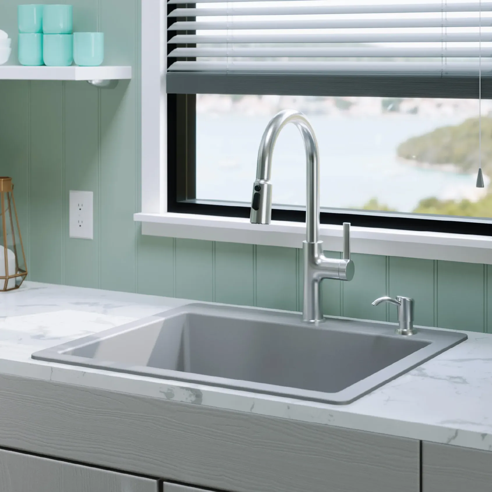 Karran 25" Drop In/Topmount Quartz Composite Kitchen Sink with Accessories, Grey, QT-820-GR-PK1