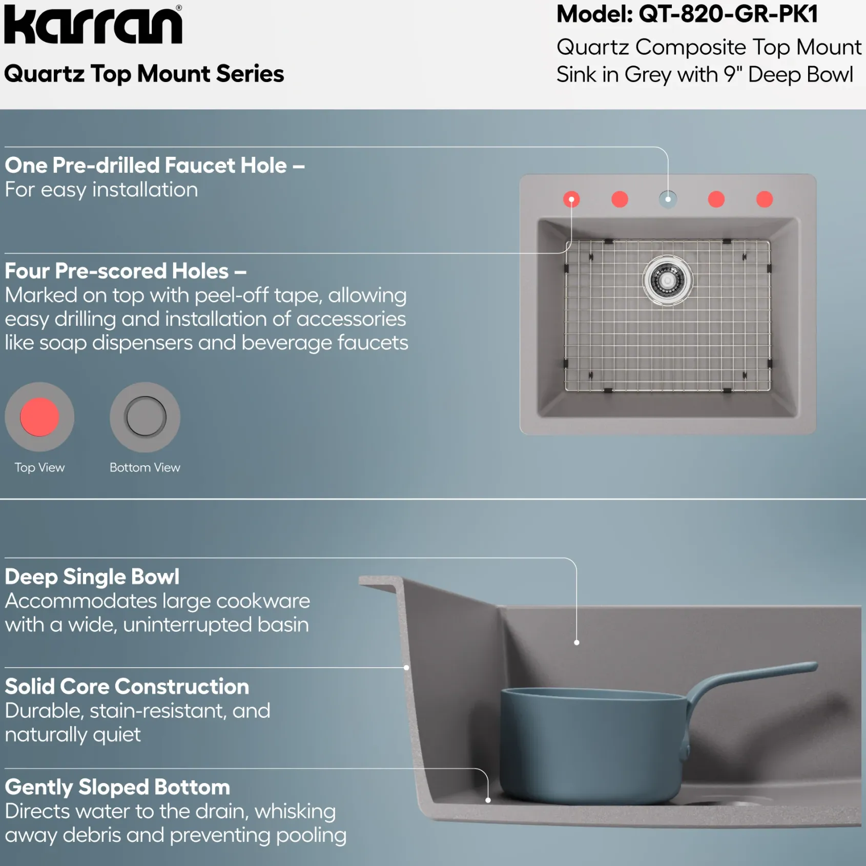 Karran 25" Drop In/Topmount Quartz Composite Kitchen Sink with Accessories, Grey, QT-820-GR-PK1
