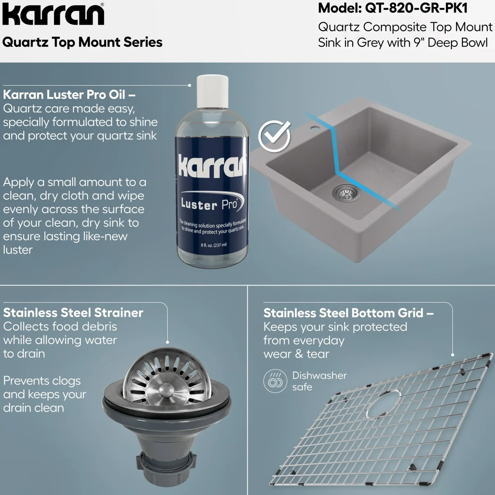 Karran 25" Drop In/Topmount Quartz Composite Kitchen Sink with Accessories, Grey, QT-820-GR-PK1