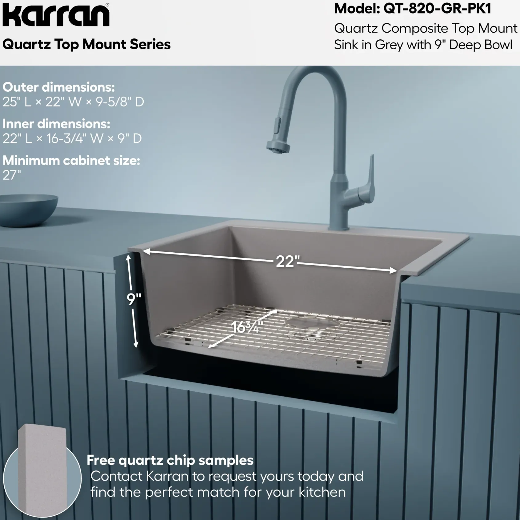 Karran 25" Drop In/Topmount Quartz Composite Kitchen Sink with Accessories, Grey, QT-820-GR-PK1