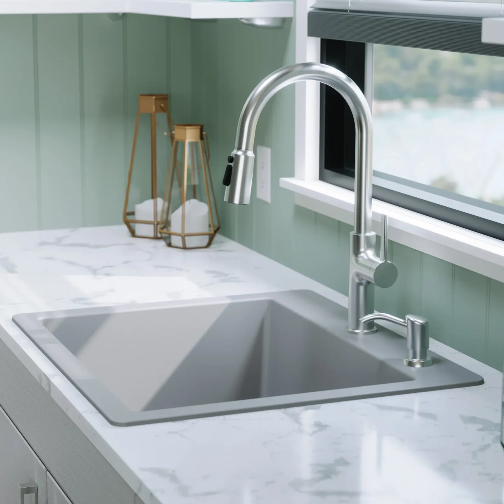 Karran 25" Drop In/Topmount Quartz Composite Kitchen Sink with Accessories, Grey, QT-820-GR-PK1