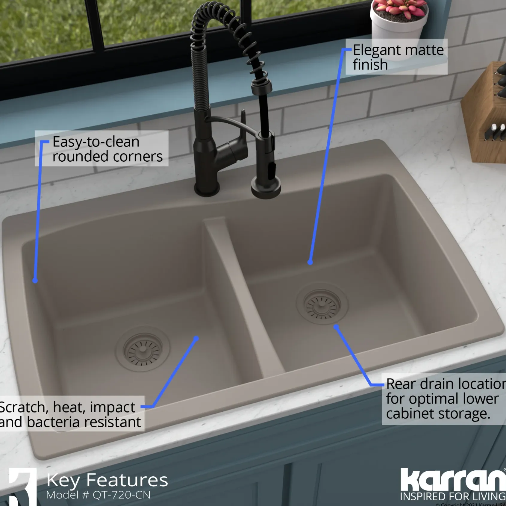 Karran 34" Drop In/Topmount Quartz Composite Kitchen Sink with Accessories, 50/50 Double Bowl, Concrete, QT-720-CN-PK1