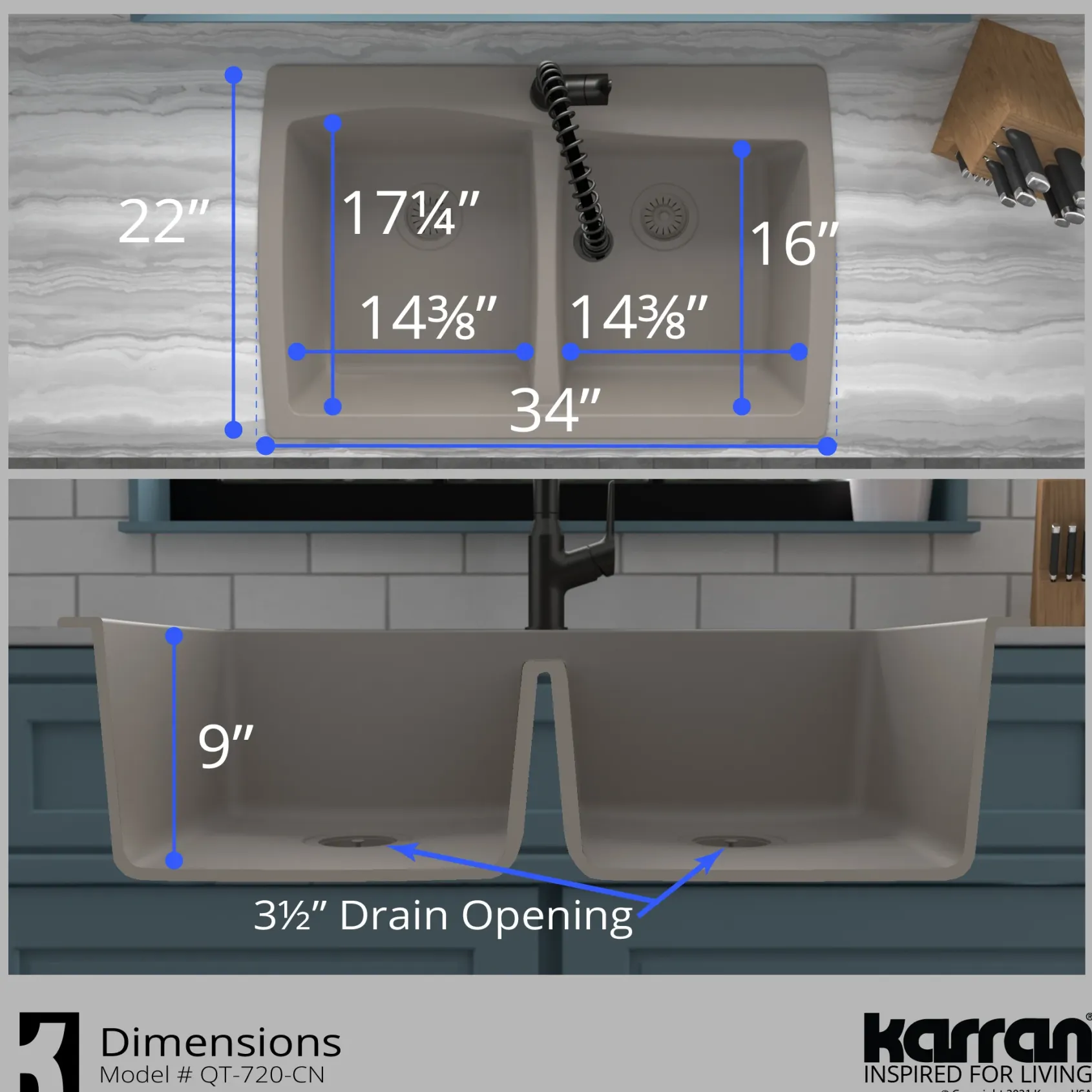 Karran 34" Drop In/Topmount Quartz Composite Kitchen Sink with Accessories, 50/50 Double Bowl, Concrete, QT-720-CN-PK1