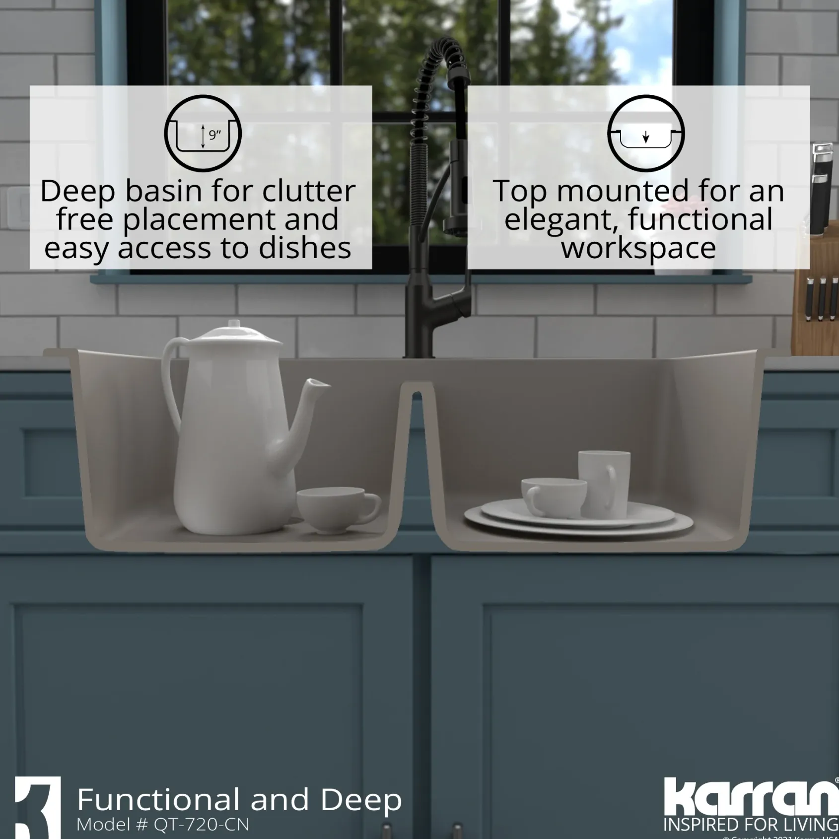 Karran 34" Drop In/Topmount Quartz Composite Kitchen Sink with Accessories, 50/50 Double Bowl, Concrete, QT-720-CN-PK1