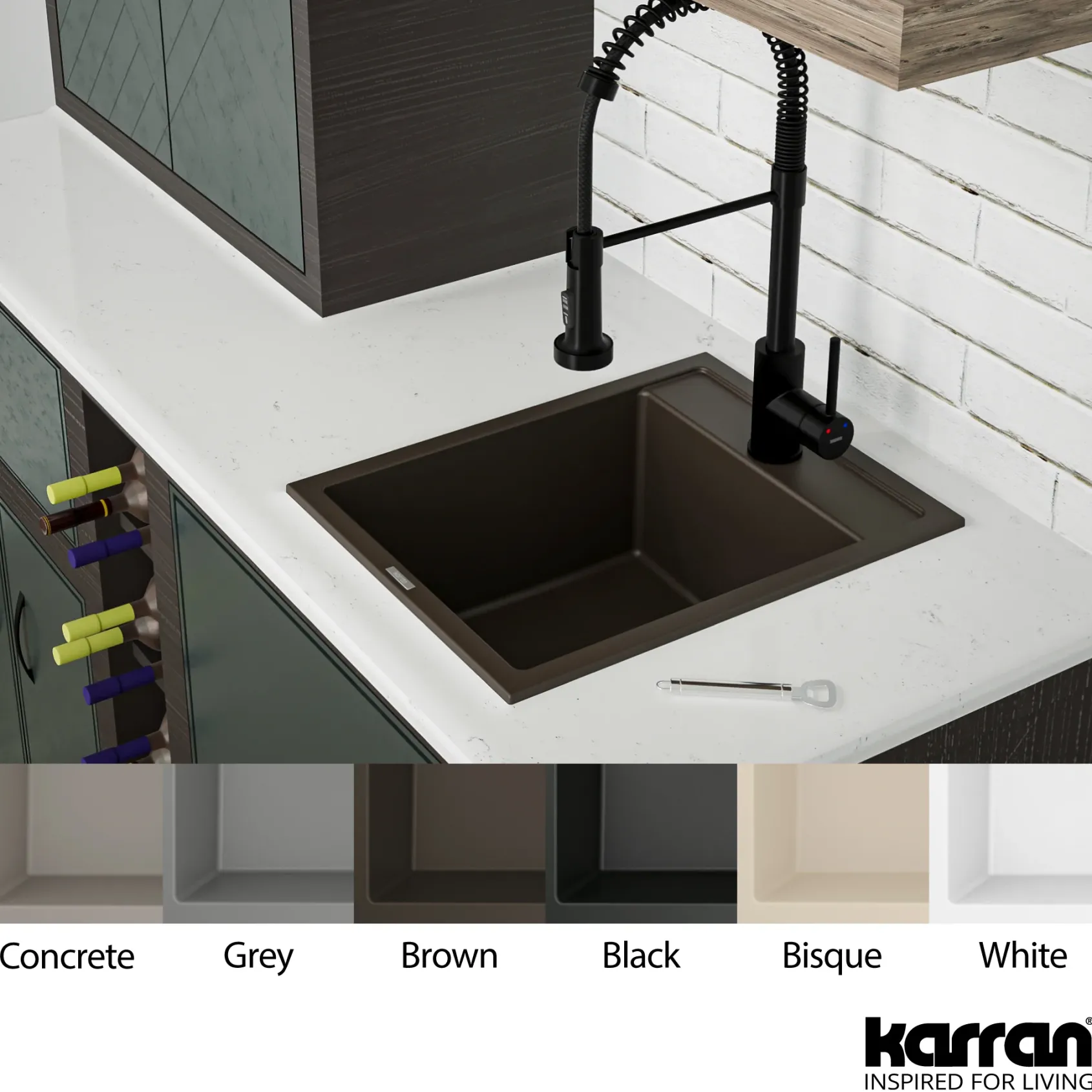 Karran 16" Drop In/Topmount Quartz Composite Kitchen Sink, Brown, QT-825-BR