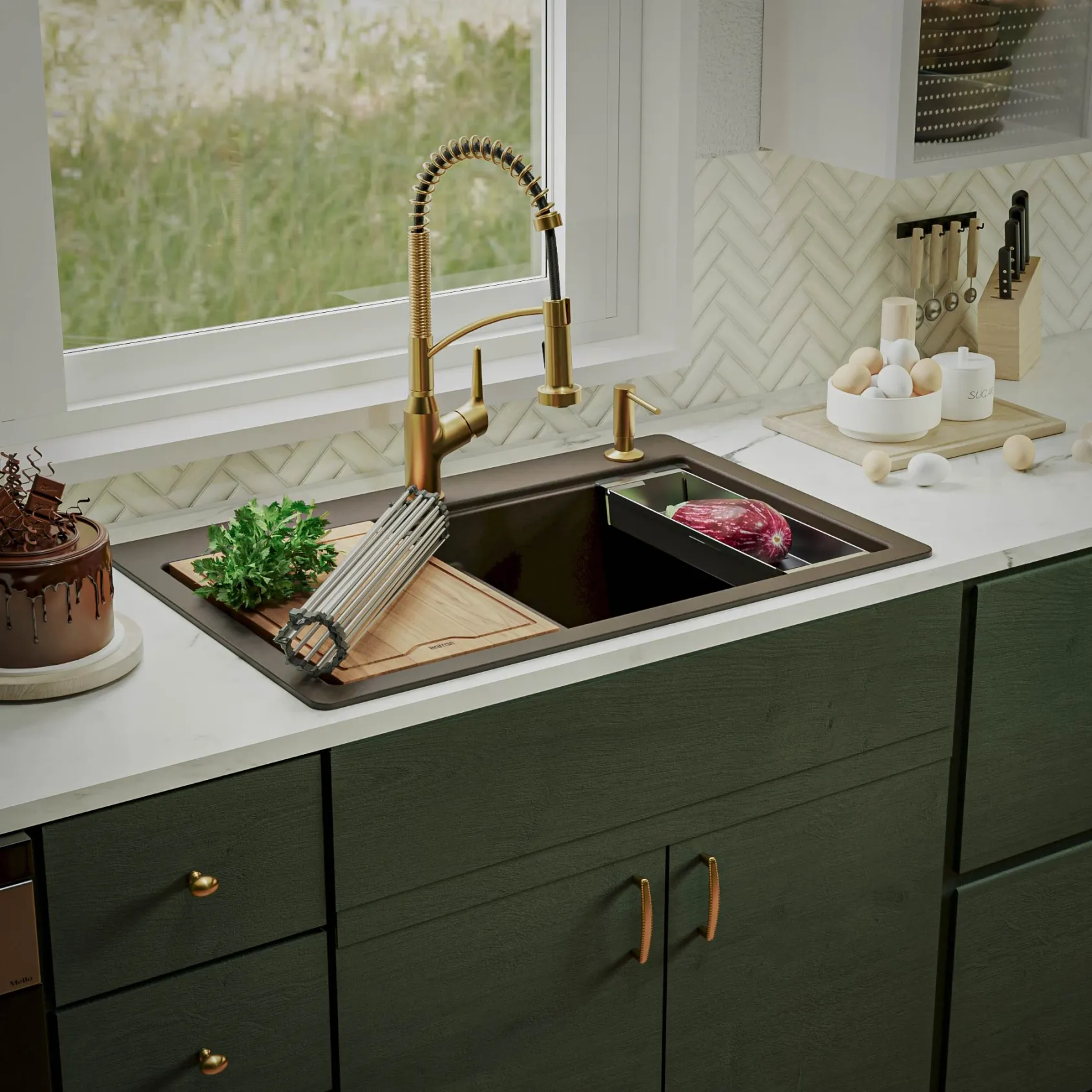 Karran 33" Drop In/Topmount Quartz Composite Kitchen Sink, 50/50 Double Bowl, Brown, QTWS-880-BR