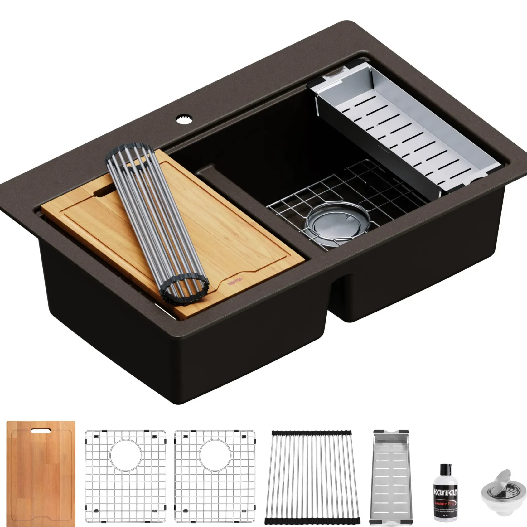 Karran 33" Drop In/Topmount Quartz Composite Kitchen Sink, 50/50 Double Bowl, Brown, QTWS-880-BR