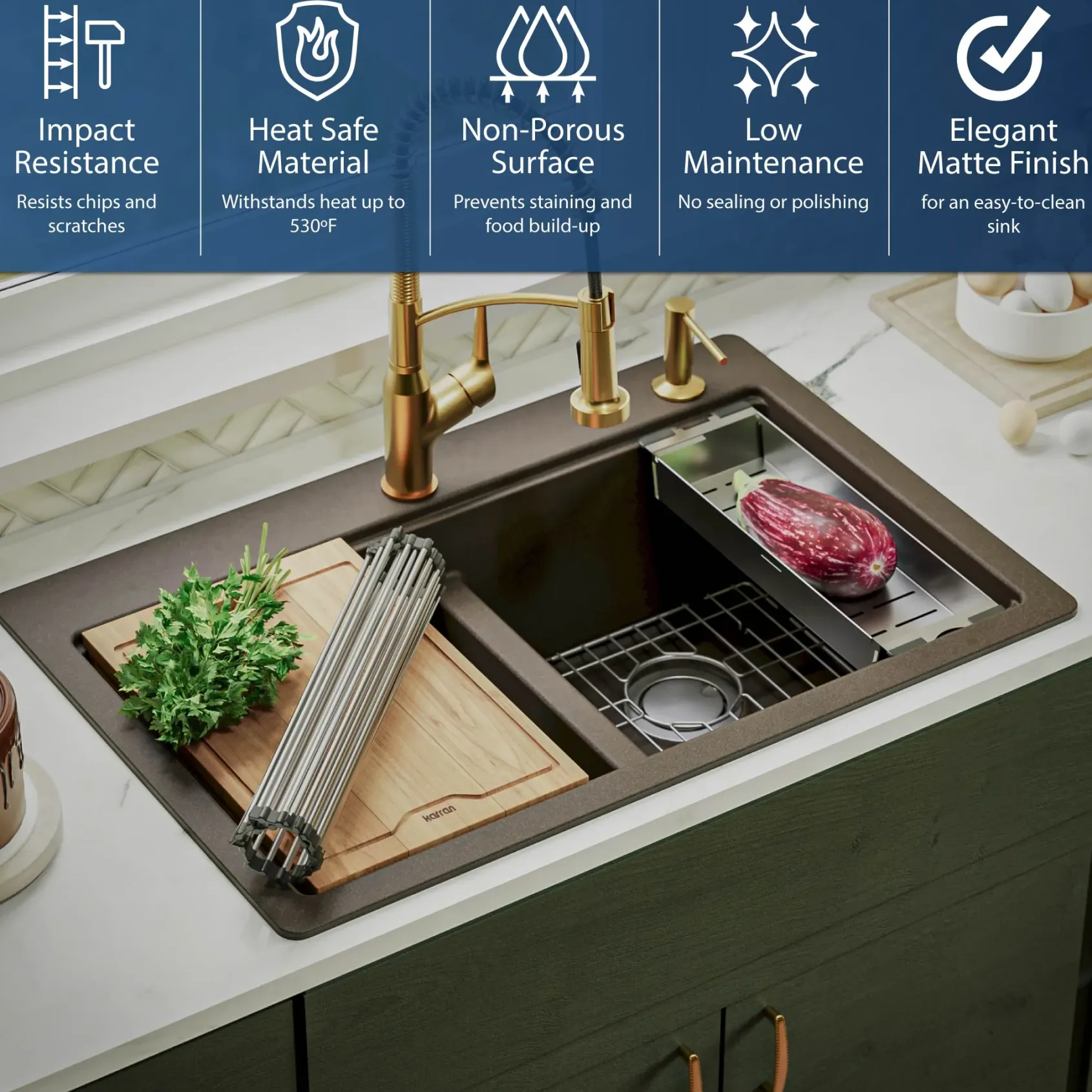 Karran 33" Drop In/Topmount Quartz Composite Kitchen Sink, 50/50 Double Bowl, Brown, QTWS-880-BR