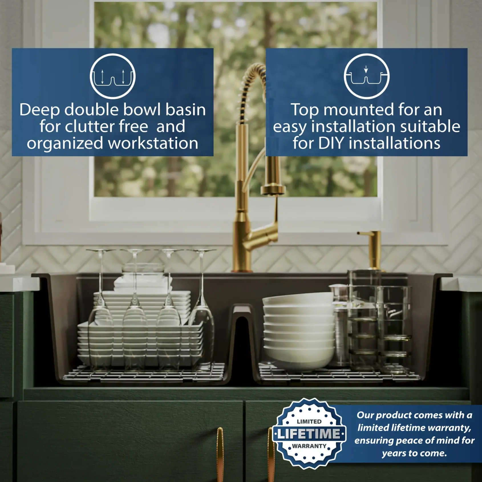 Karran 33" Drop In/Topmount Quartz Composite Kitchen Sink, 50/50 Double Bowl, Brown, QTWS-880-BR