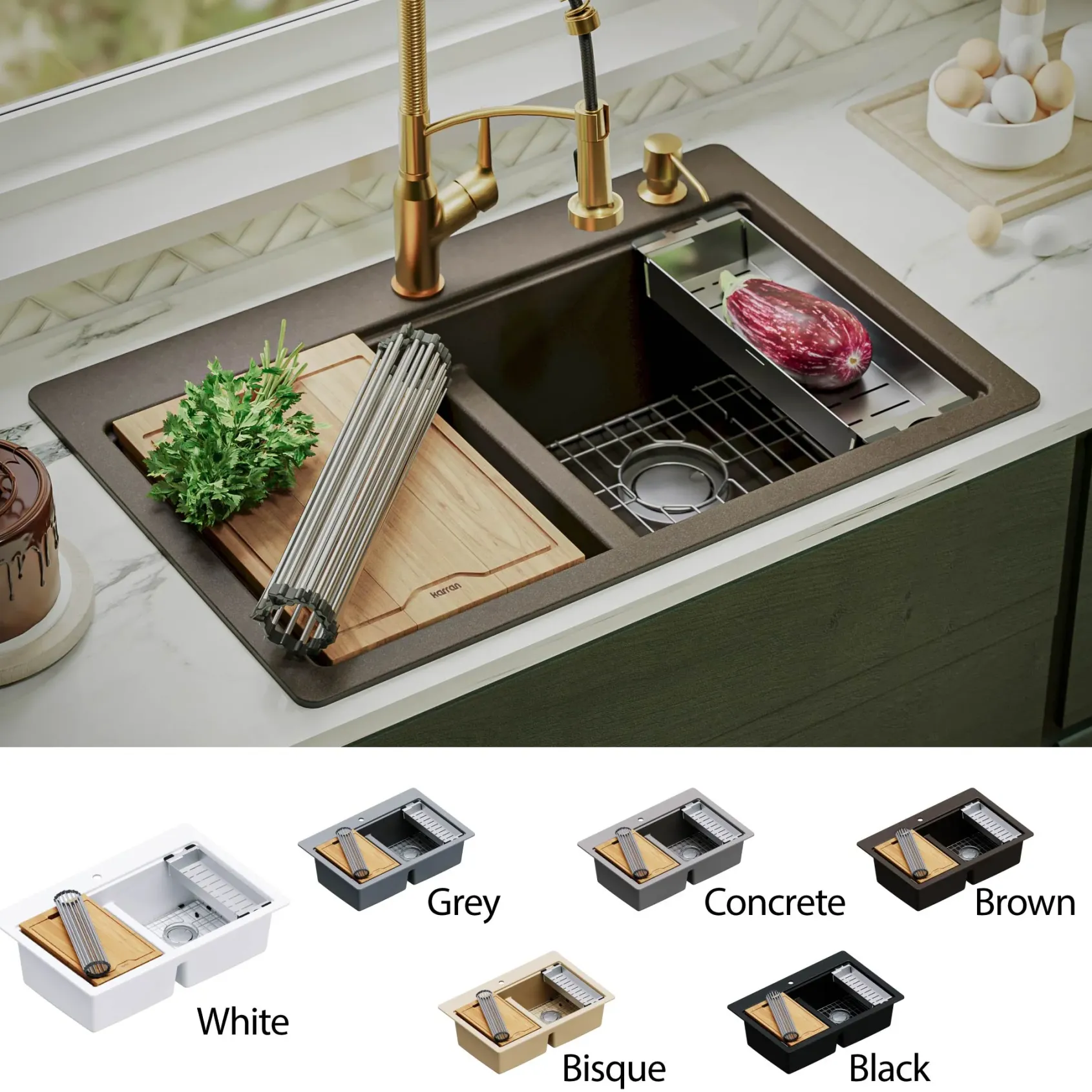 Karran 33" Drop In/Topmount Quartz Composite Kitchen Sink, 50/50 Double Bowl, Brown, QTWS-880-BR