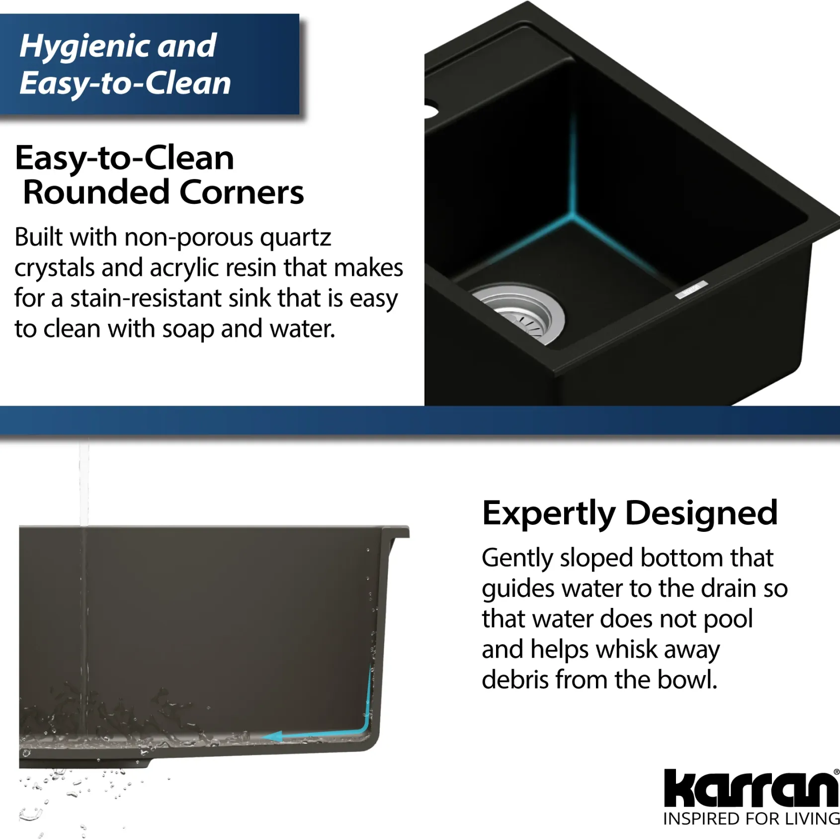 Karran 16" Drop In/Topmount Quartz Composite Kitchen Sink, Black, QT-825-BL