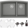 Karran 32" Undermount Quartz Composite Kitchen Sink, 60/40 Double Bowl, Grey, QU-711-GR-PK1