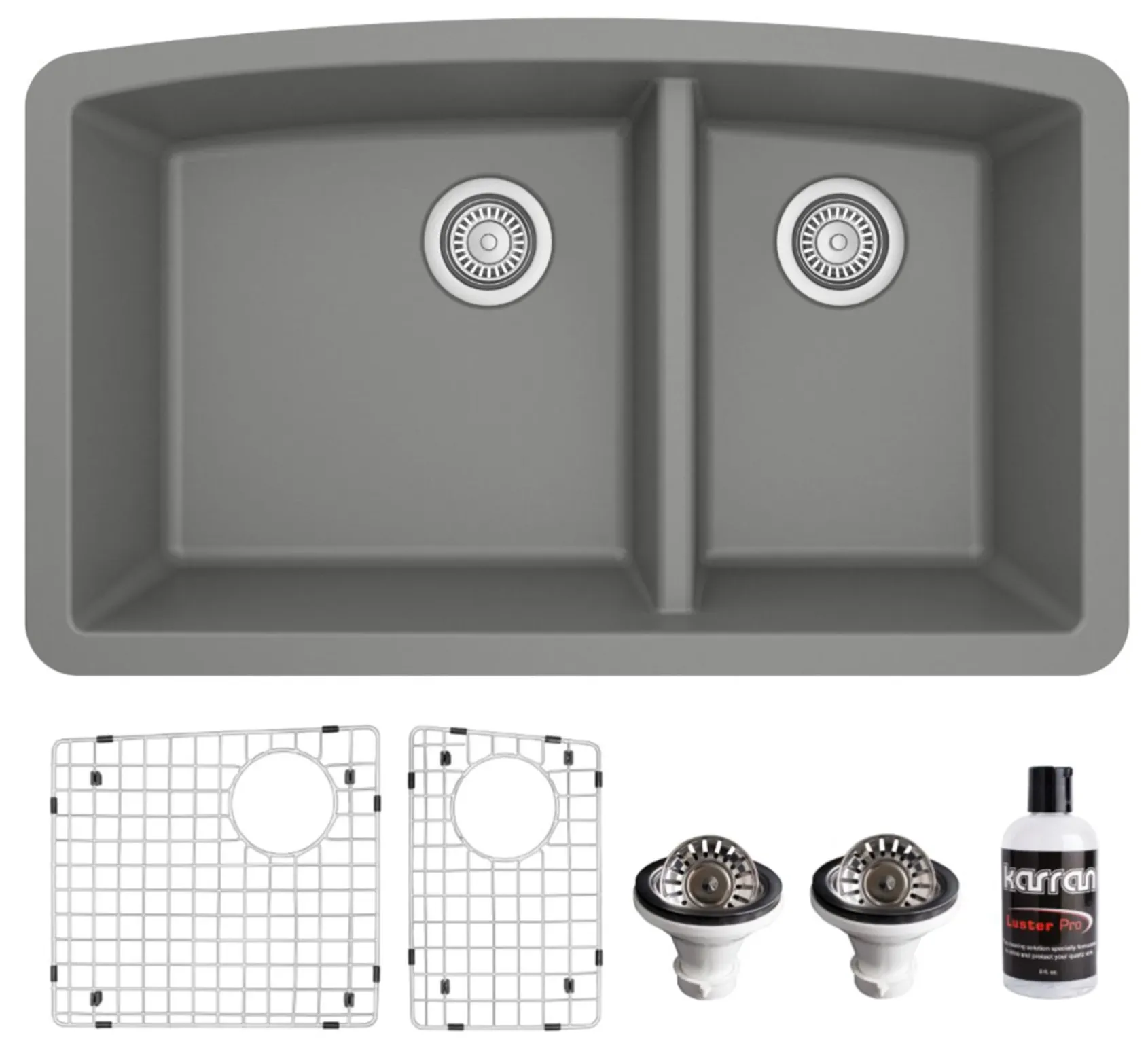 Karran 32" Undermount Quartz Composite Kitchen Sink, 60/40 Double Bowl, Grey, QU-711-GR-PK1