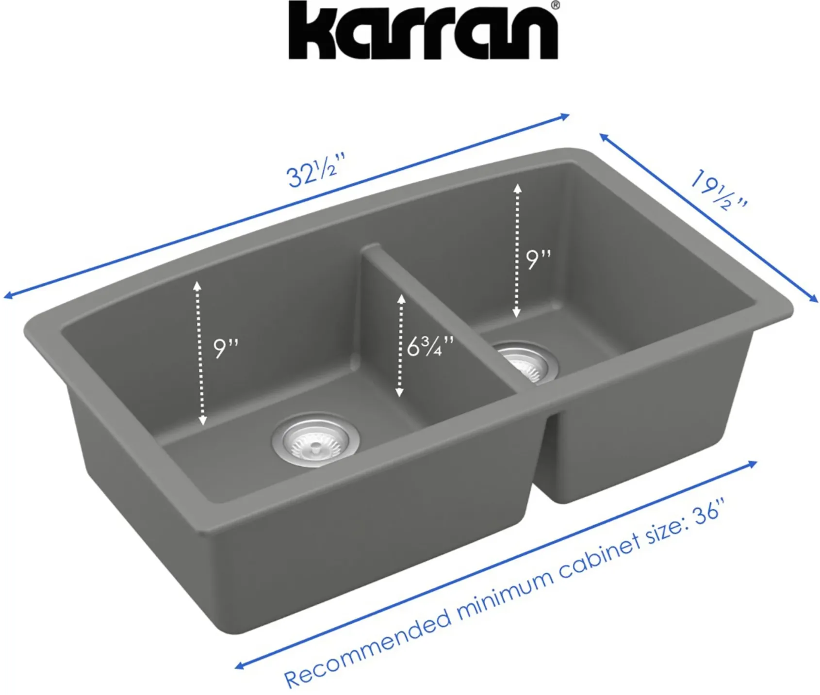Karran 32" Undermount Quartz Composite Kitchen Sink, 60/40 Double Bowl, Grey, QU-711-GR-PK1