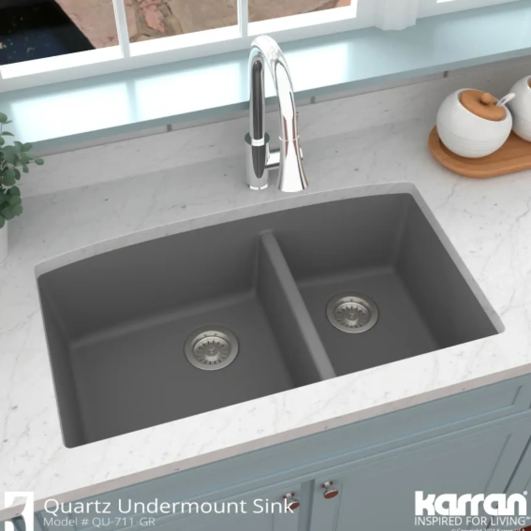 Karran 32" Undermount Quartz Composite Kitchen Sink, 60/40 Double Bowl, Grey, QU-711-GR-PK1