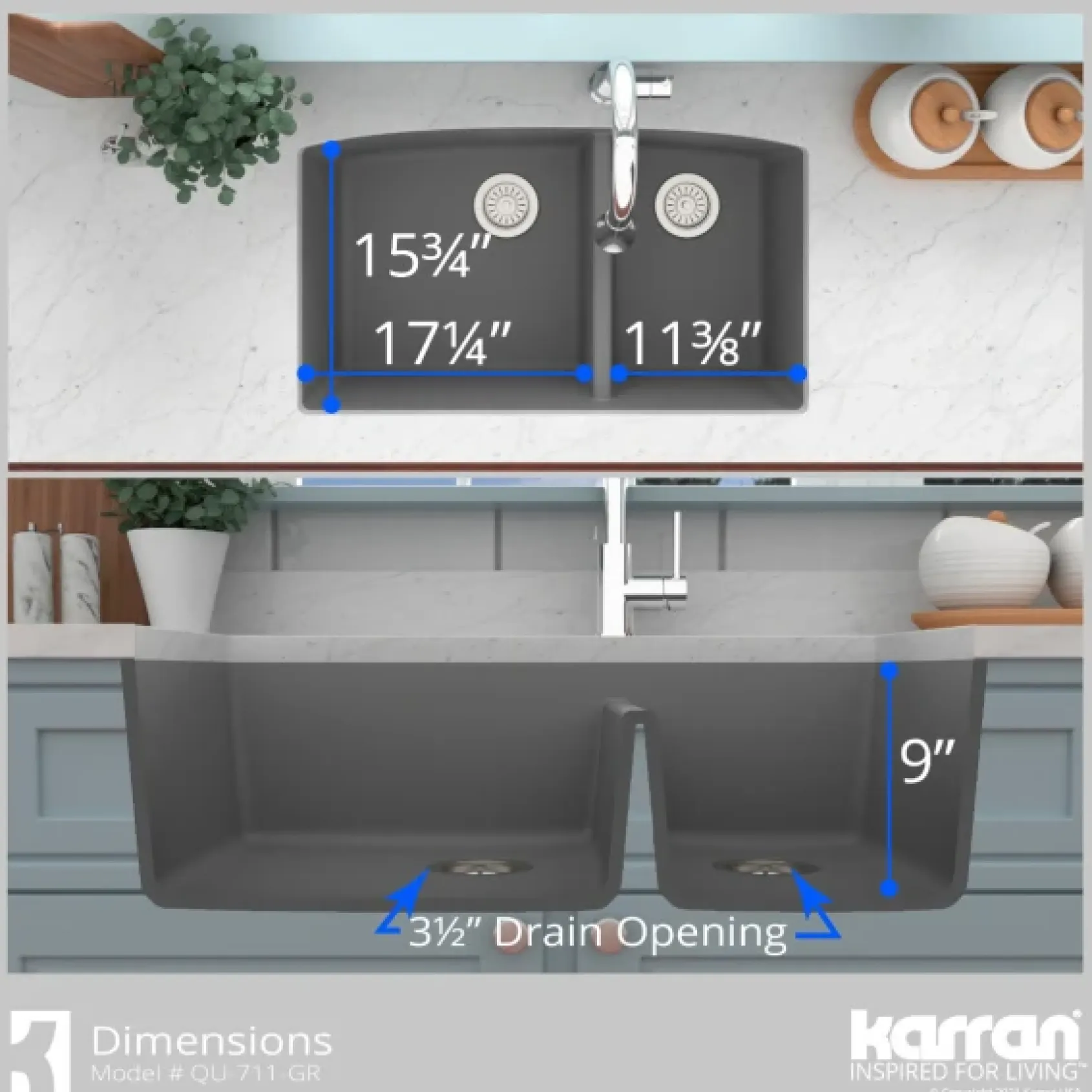 Karran 32" Undermount Quartz Composite Kitchen Sink, 60/40 Double Bowl, Grey, QU-711-GR-PK1