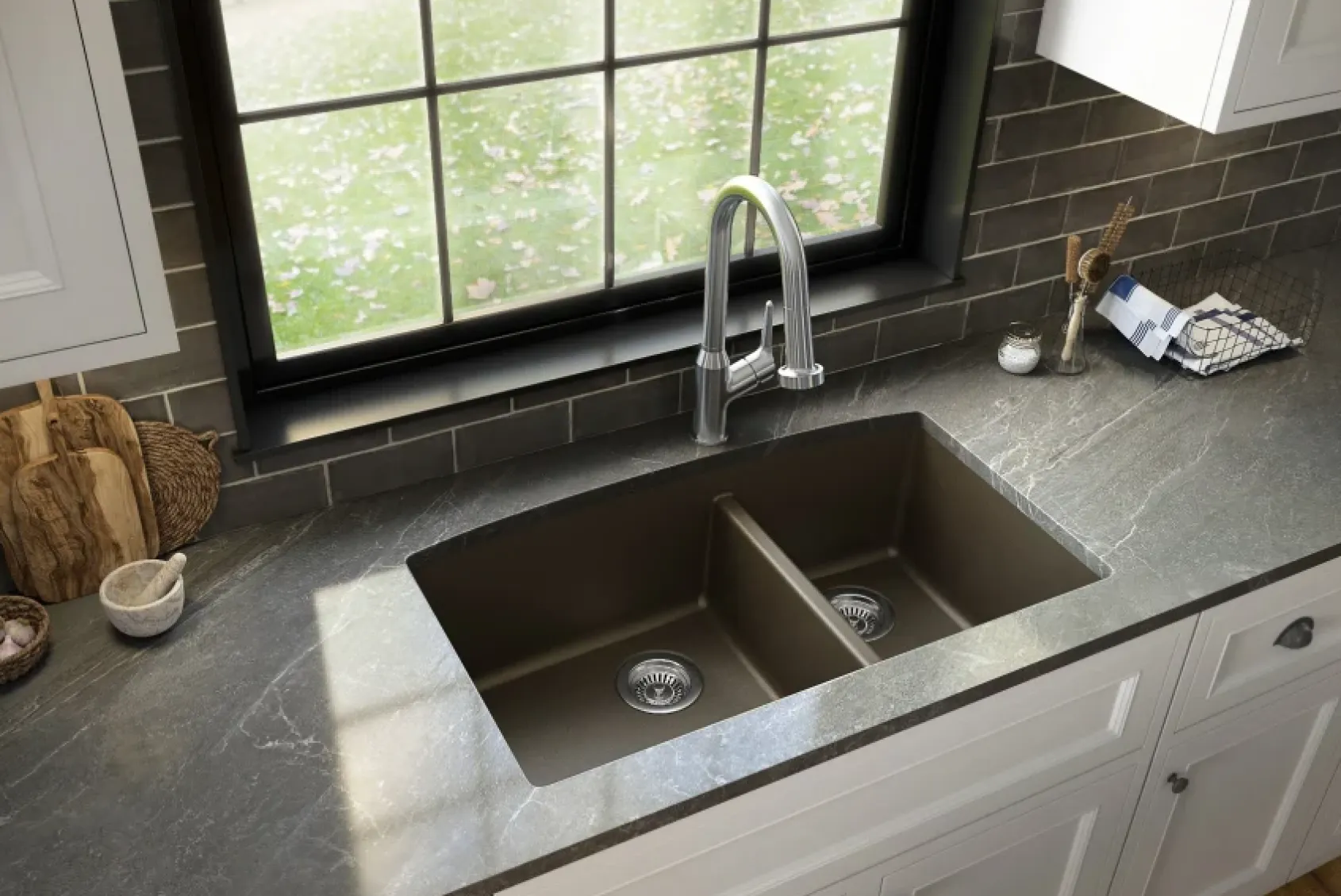 Karran 32" Undermount Quartz Composite Kitchen Sink, 60/40 Double Bowl, Brown, QU-711-BR-PK1