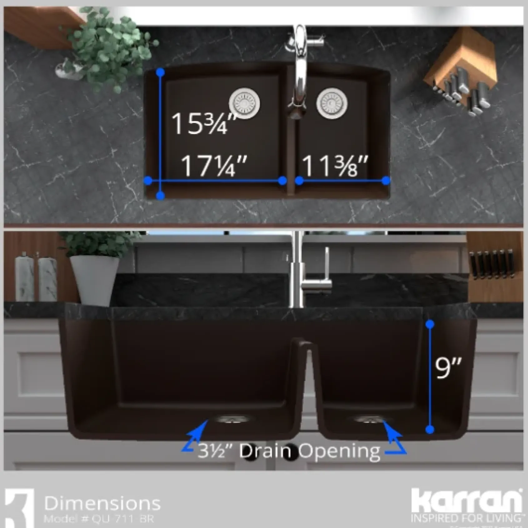 Karran 32" Undermount Quartz Composite Kitchen Sink, 60/40 Double Bowl, Brown, QU-711-BR-PK1