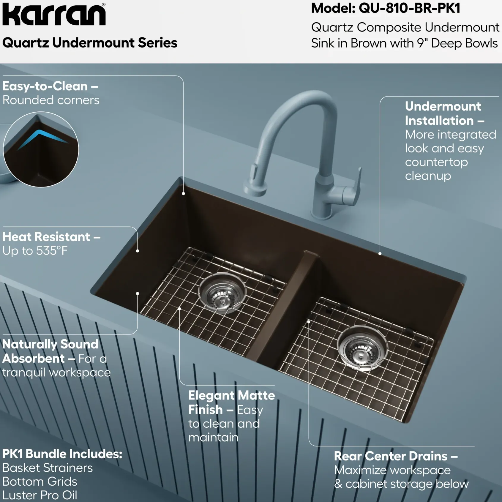 Karran 32" Undermount Quartz Composite Kitchen Sink with Accessories, 50/50 Double Bowl, Brown, QU-810-BR-PK1