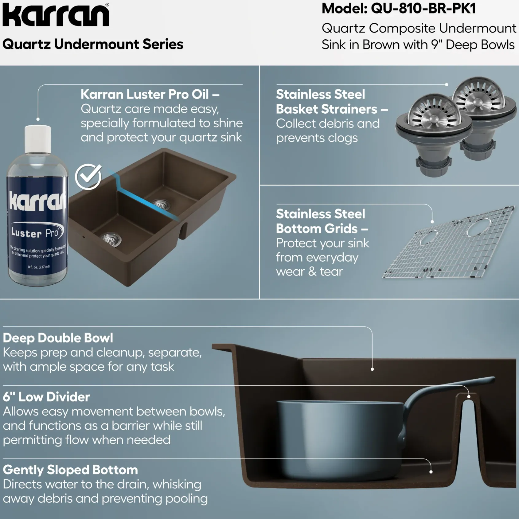Karran 32" Undermount Quartz Composite Kitchen Sink with Accessories, 50/50 Double Bowl, Brown, QU-810-BR-PK1