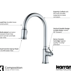 Karran Auburn 1.8 GPM Single Lever Handle Lead-free Brass ADA Kitchen Faucet, Pull-Down Kitchen, Stainless Steel, KKF310SS