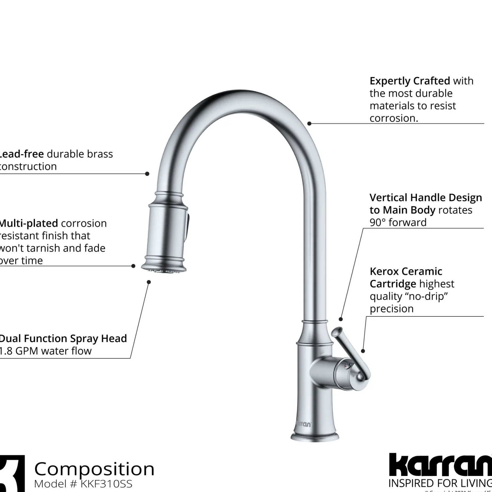 Karran Auburn 1.8 GPM Single Lever Handle Lead-free Brass ADA Kitchen Faucet, Pull-Down Kitchen, Stainless Steel, KKF310SS
