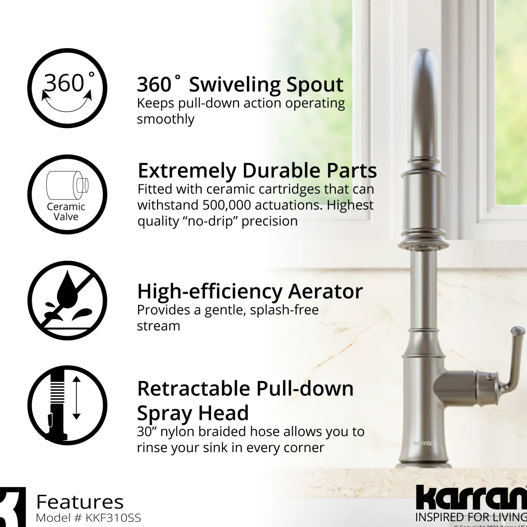 Karran Auburn 1.8 GPM Single Lever Handle Lead-free Brass ADA Kitchen Faucet, Pull-Down Kitchen, Stainless Steel, KKF310SS