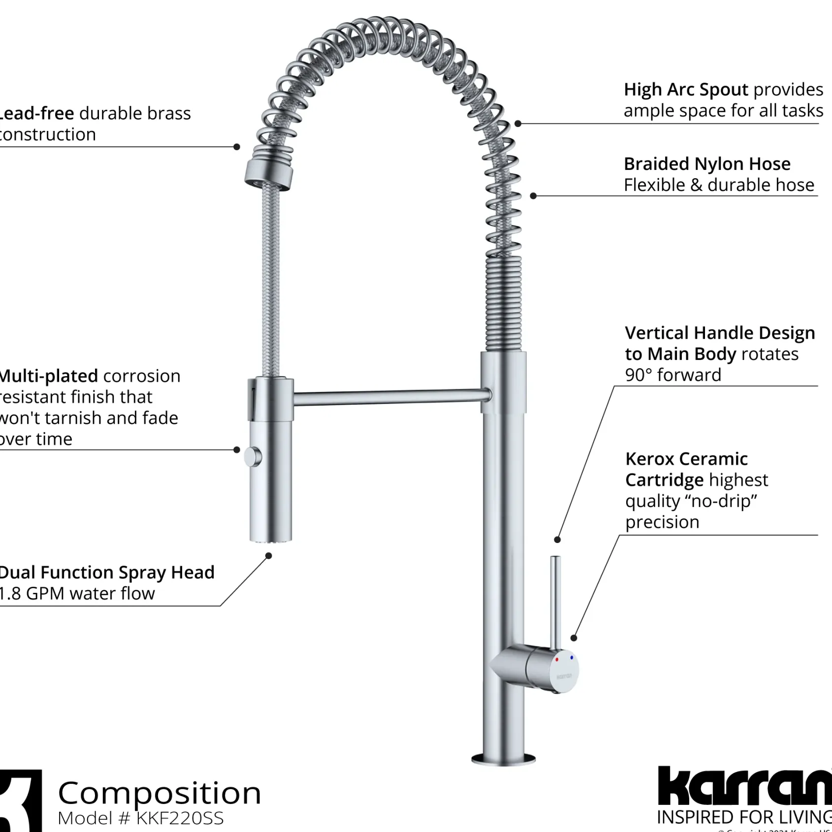 Karran Bluffton 1.8 GPM Single Lever Handle Lead-free Brass ADA Kitchen Faucet, Pull-Down Kitchen, Stainless Steel, KKF220SD35SS