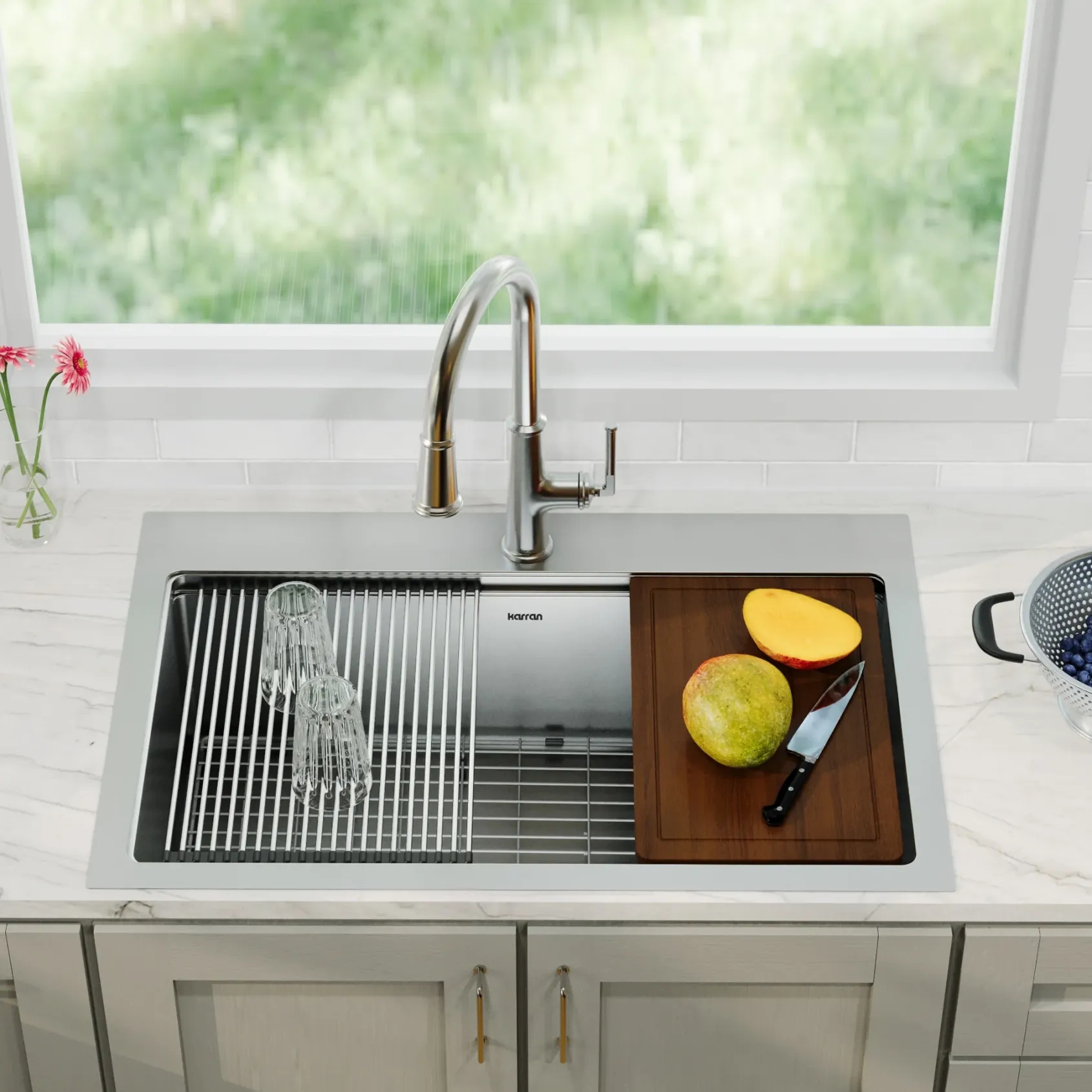 Karran Elite Workstation 33" Drop In/Topmount Stainless Steel Workstation Kitchen Sink with Accessories, 16 Gauge, WST-26-PK1