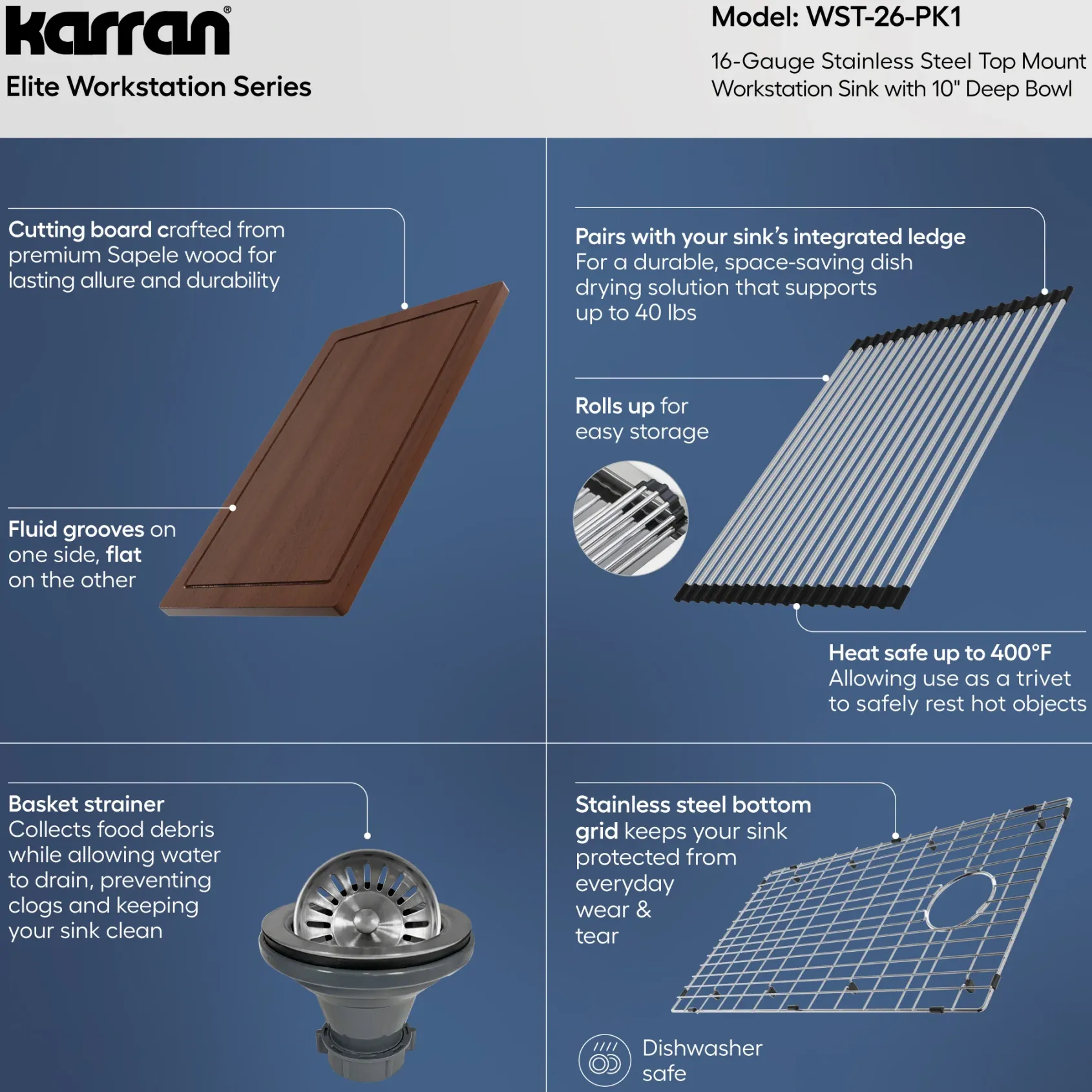 Karran Elite Workstation 33" Drop In/Topmount Stainless Steel Workstation Kitchen Sink with Accessories, 16 Gauge, WST-26-PK1
