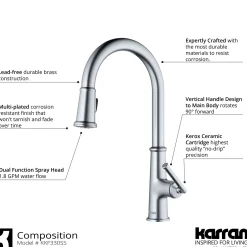 Karran Elwood 1.8 GPM Single Lever Handle Lead-free Brass ADA Kitchen Faucet, Pull-Down Kitchen, Stainless Steel, KKF330SS