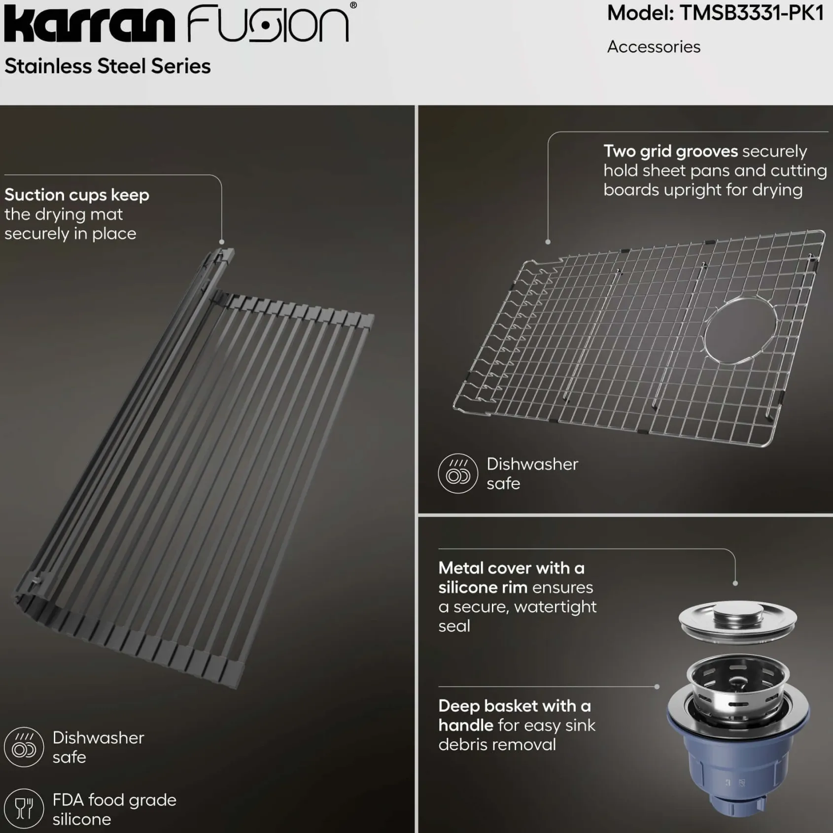 Karran Fusion 33" Drop In/Topmount Stainless Steel Kitchen Sink with Accessories, 16 Gauge, TMSB3331-PK1