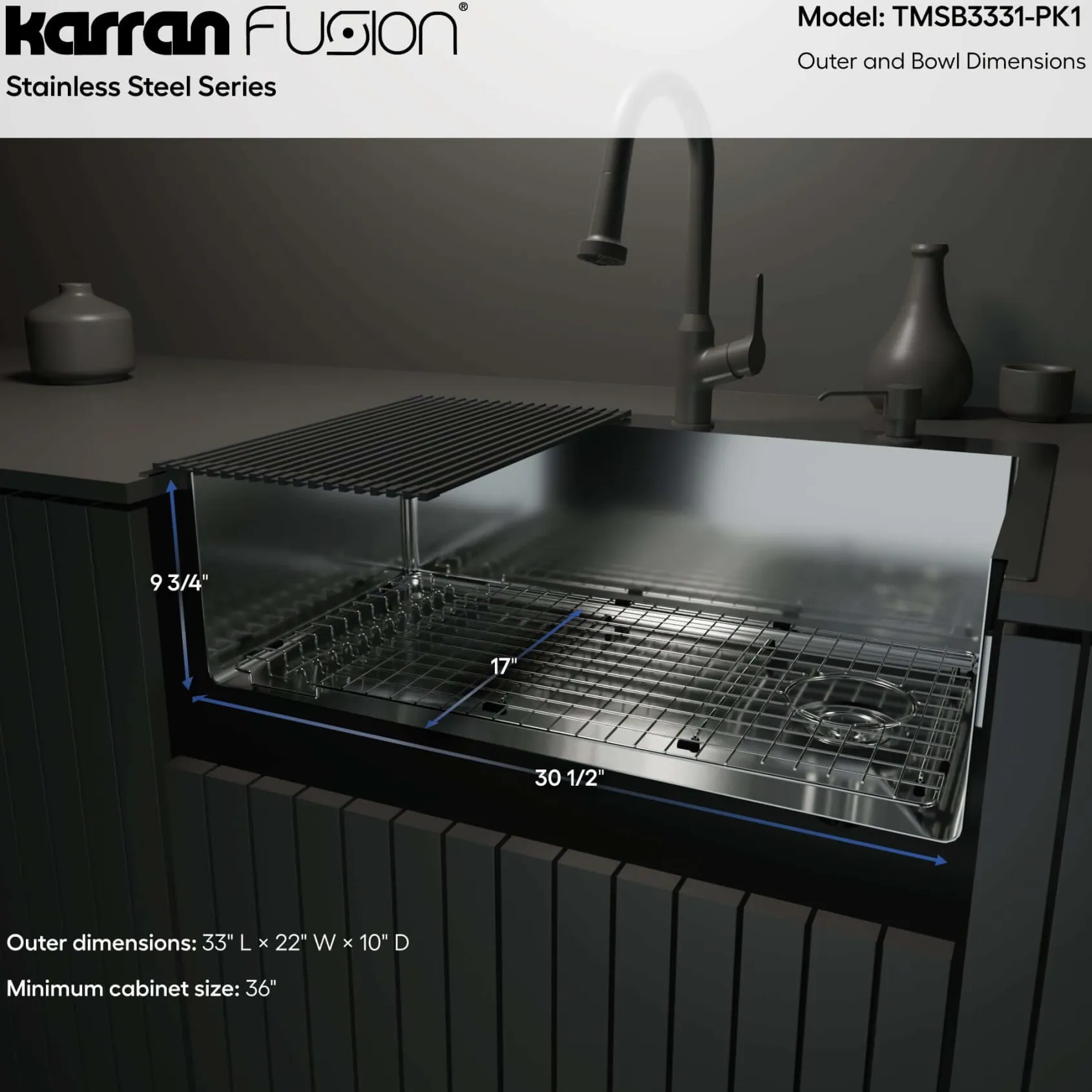 Karran Fusion 33" Drop In/Topmount Stainless Steel Kitchen Sink with Accessories, 16 Gauge, TMSB3331-PK1