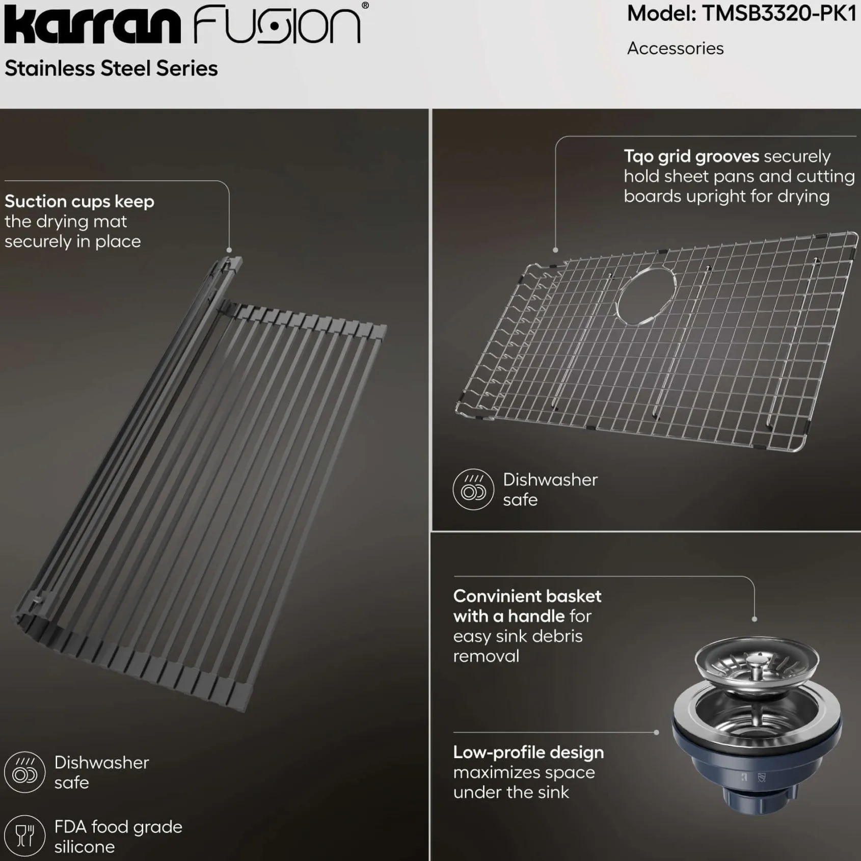 Karran Fusion 33" Drop In/Topmount Stainless Steel ADA Kitchen Sink with Accessories, 18 Gauge, TMSB3320-PK1