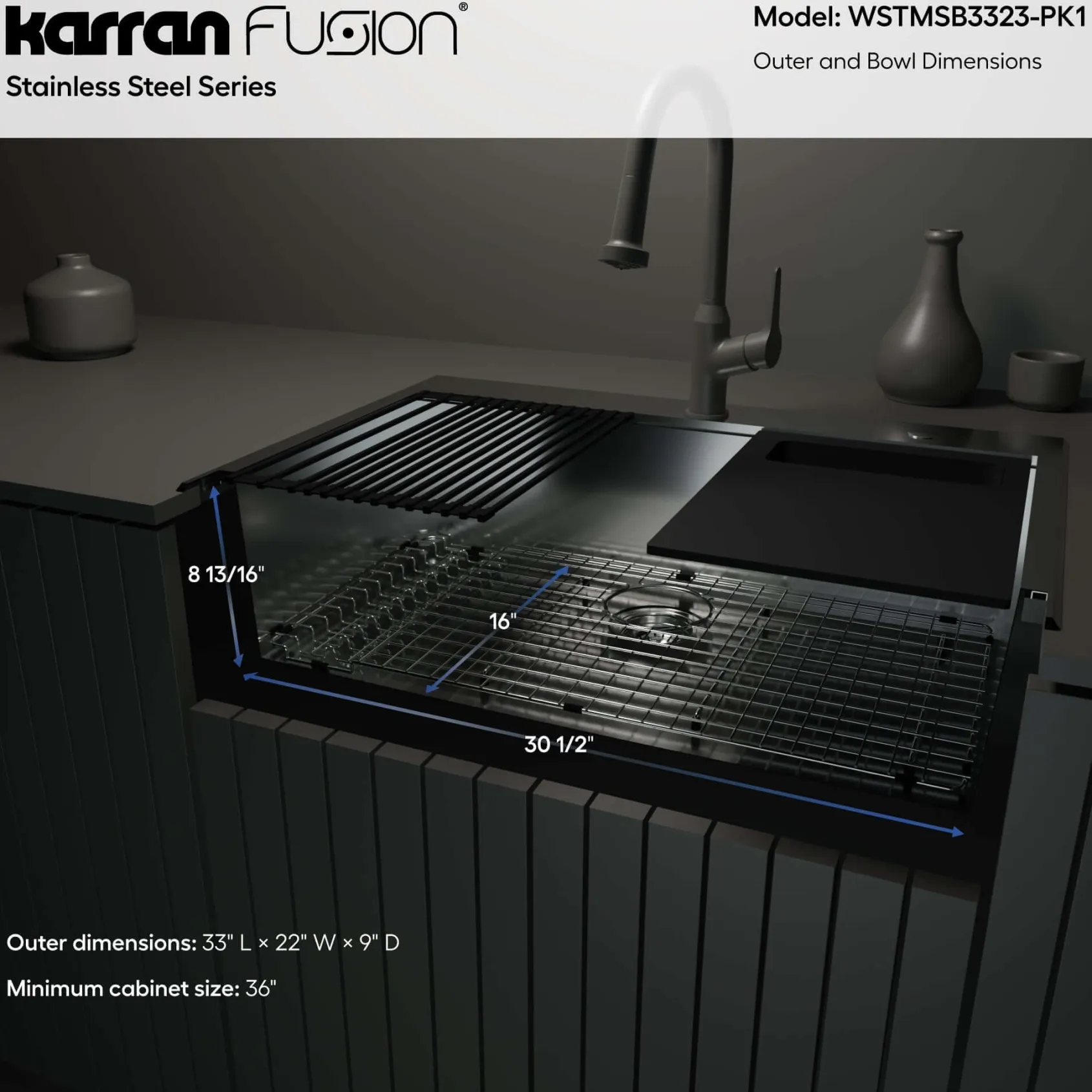 Karran Fusion 33" Drop In/Topmount Stainless Steel Workstation Kitchen Sink with Accessories, 18 Gauge, WSTMSB3323-PK1